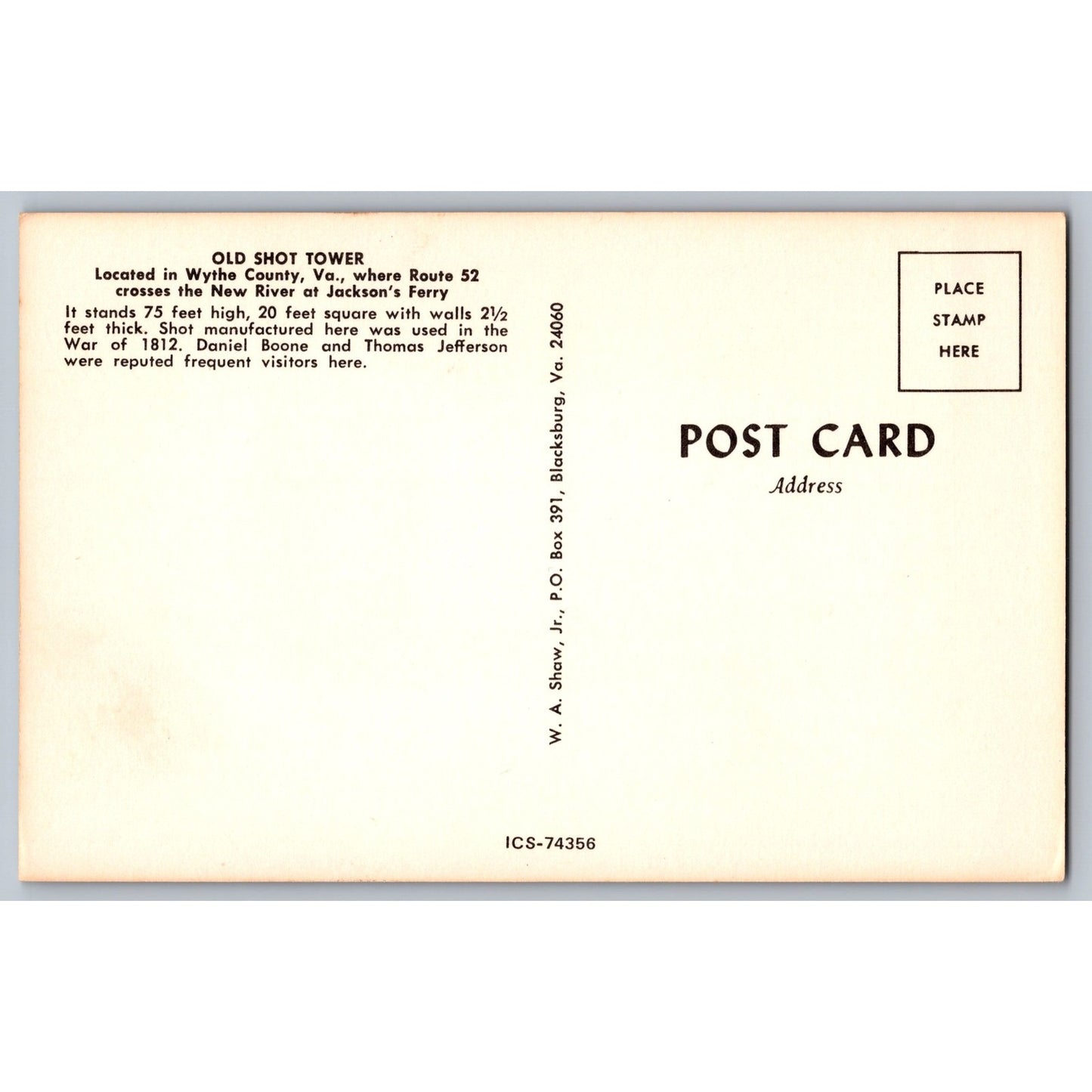 Pulaski Wythe County VA Virginia Old Shot Tower Historic Landmark Postcard