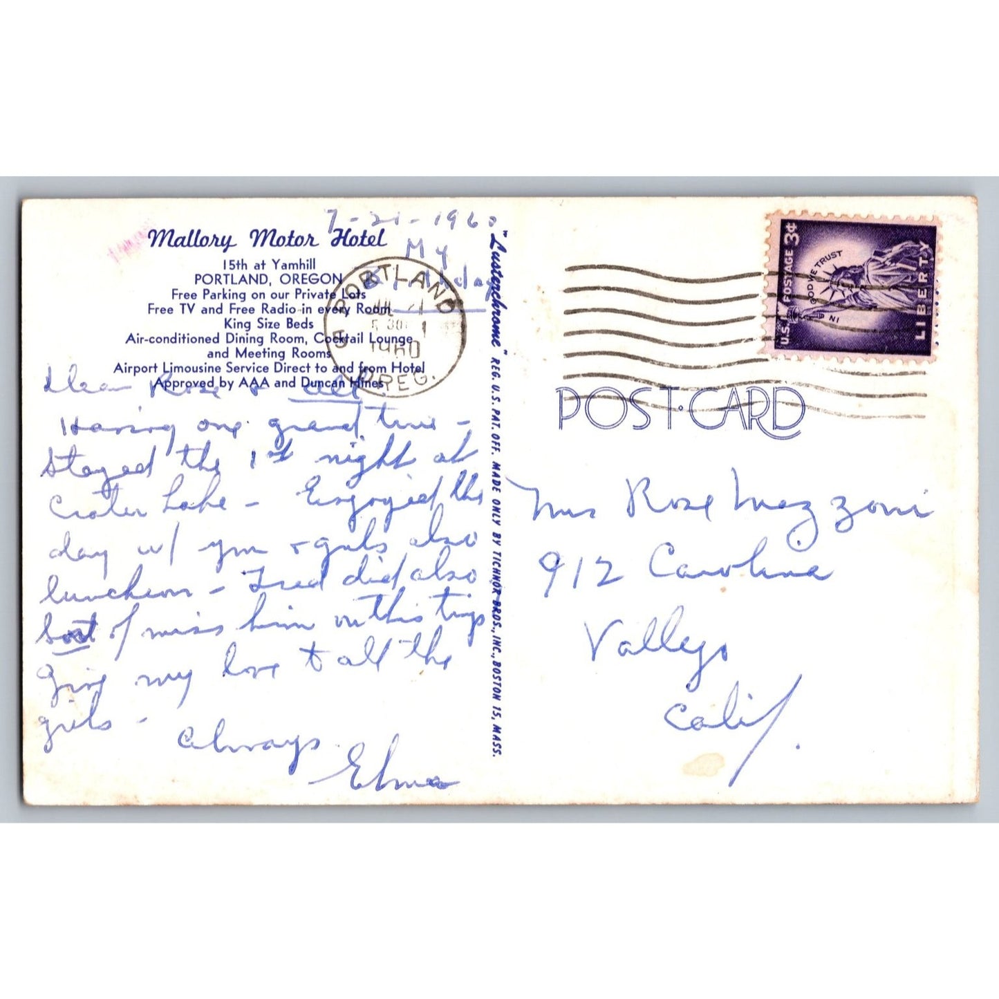 The Dalles OR Oregon Mallory Motor Hotel Portland Chrome Postcard Used