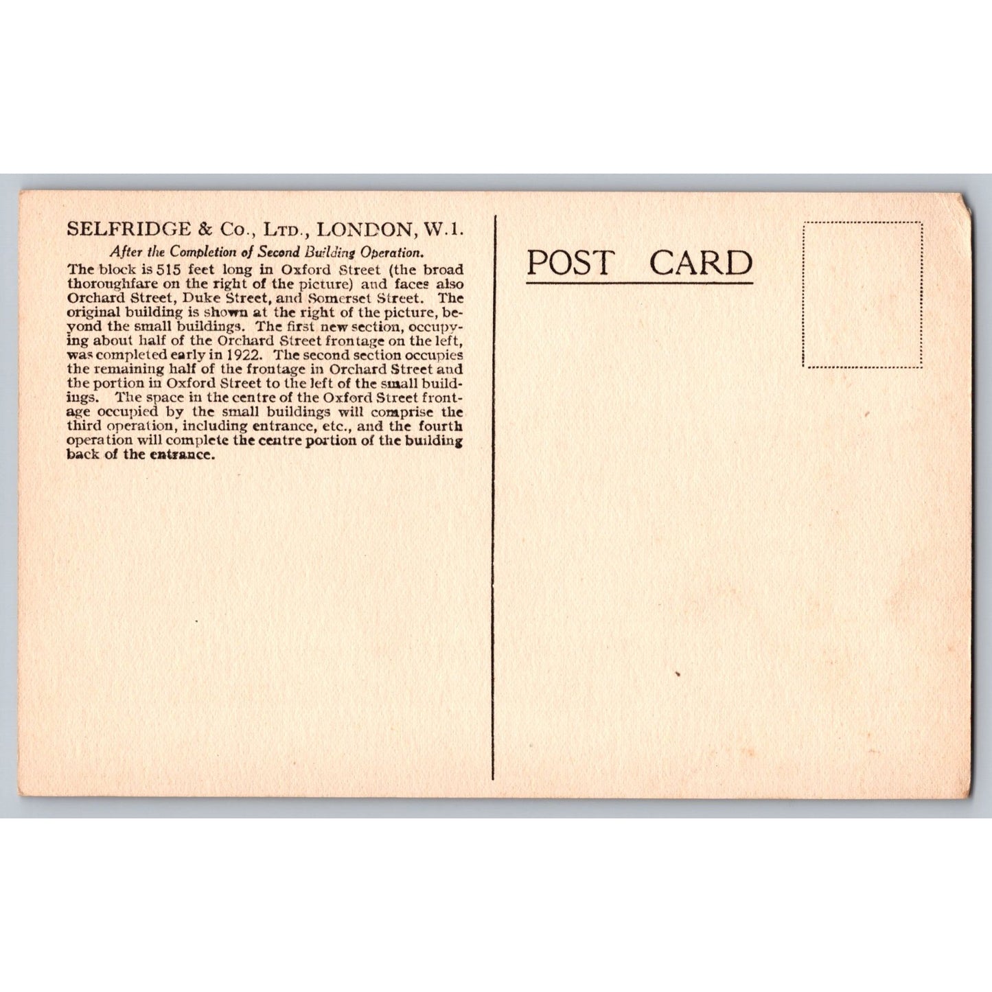 London England Selfridge & Co Ltd Divided Back Postcard Unused
