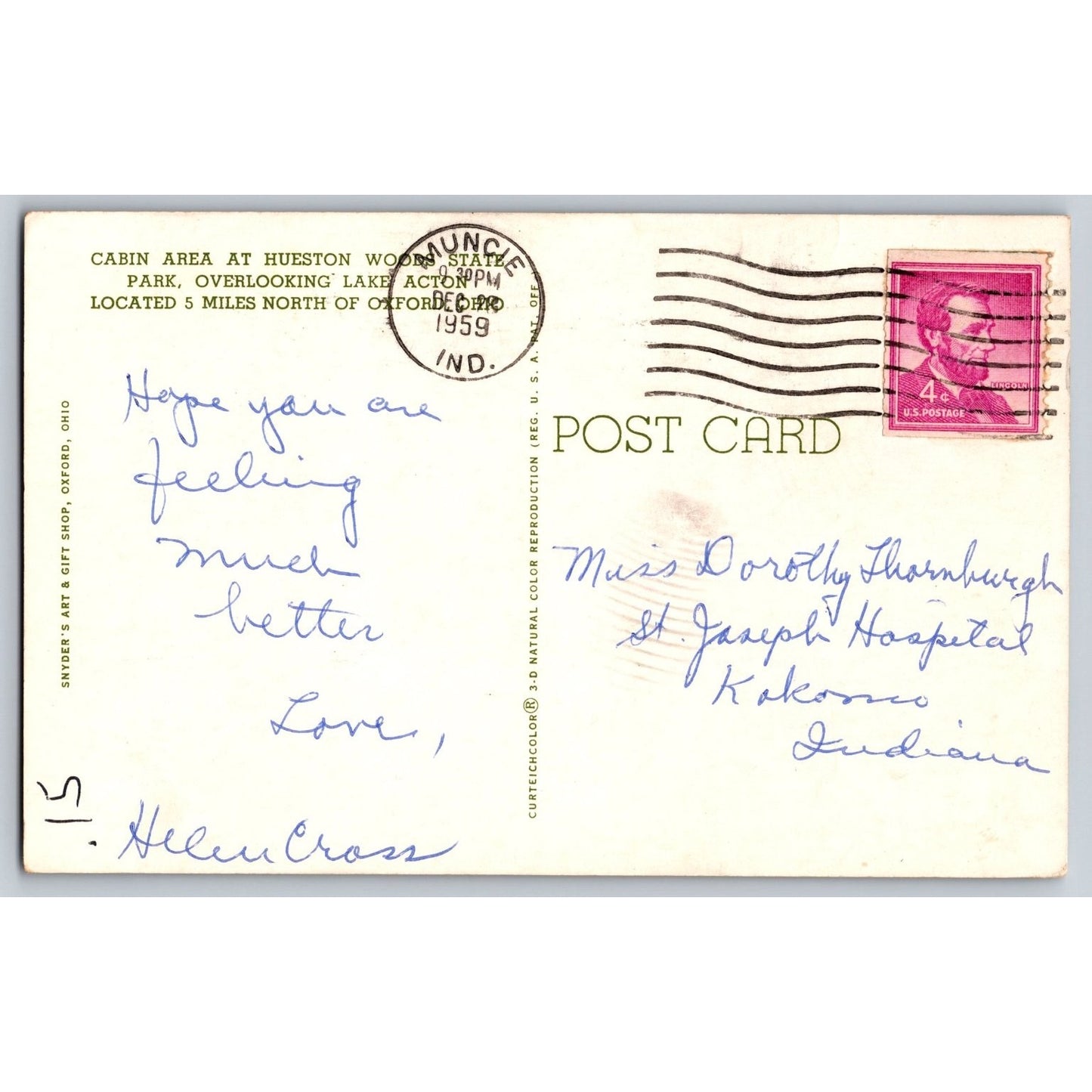 Oxford OH Ohio Hueston Woods State Park Cabin Area Lake Acton 1959 Postcard