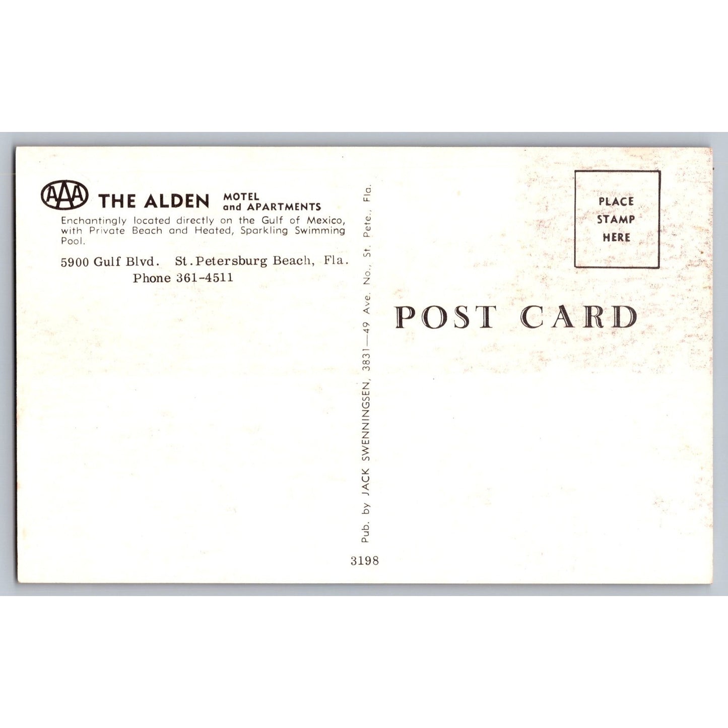 St Petersburg FL Florida Alden Apartments & Motel Chrome Postcard Unused