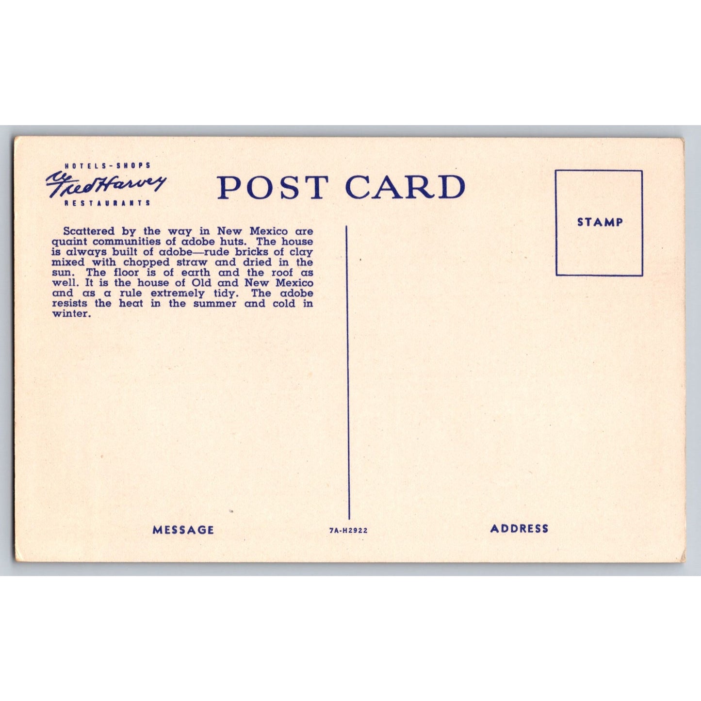 New Mexico A Adobe Mexican Home White Border Postcard Unused Fred Harvey