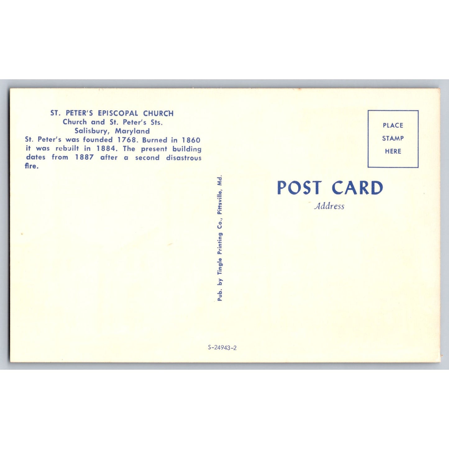 Salisbury MD Maryland St. Peters Episcopal Church 1950s Chrome Postcard Unused