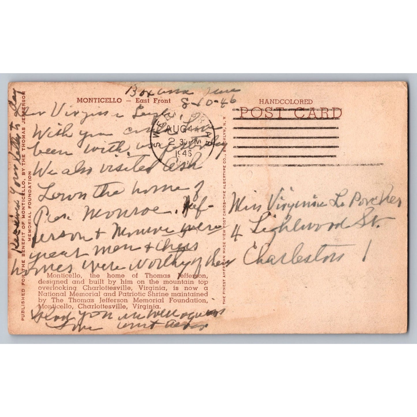 Monticello VA Virginia East Front Thomas Jefferson Home Handcolored Postcard