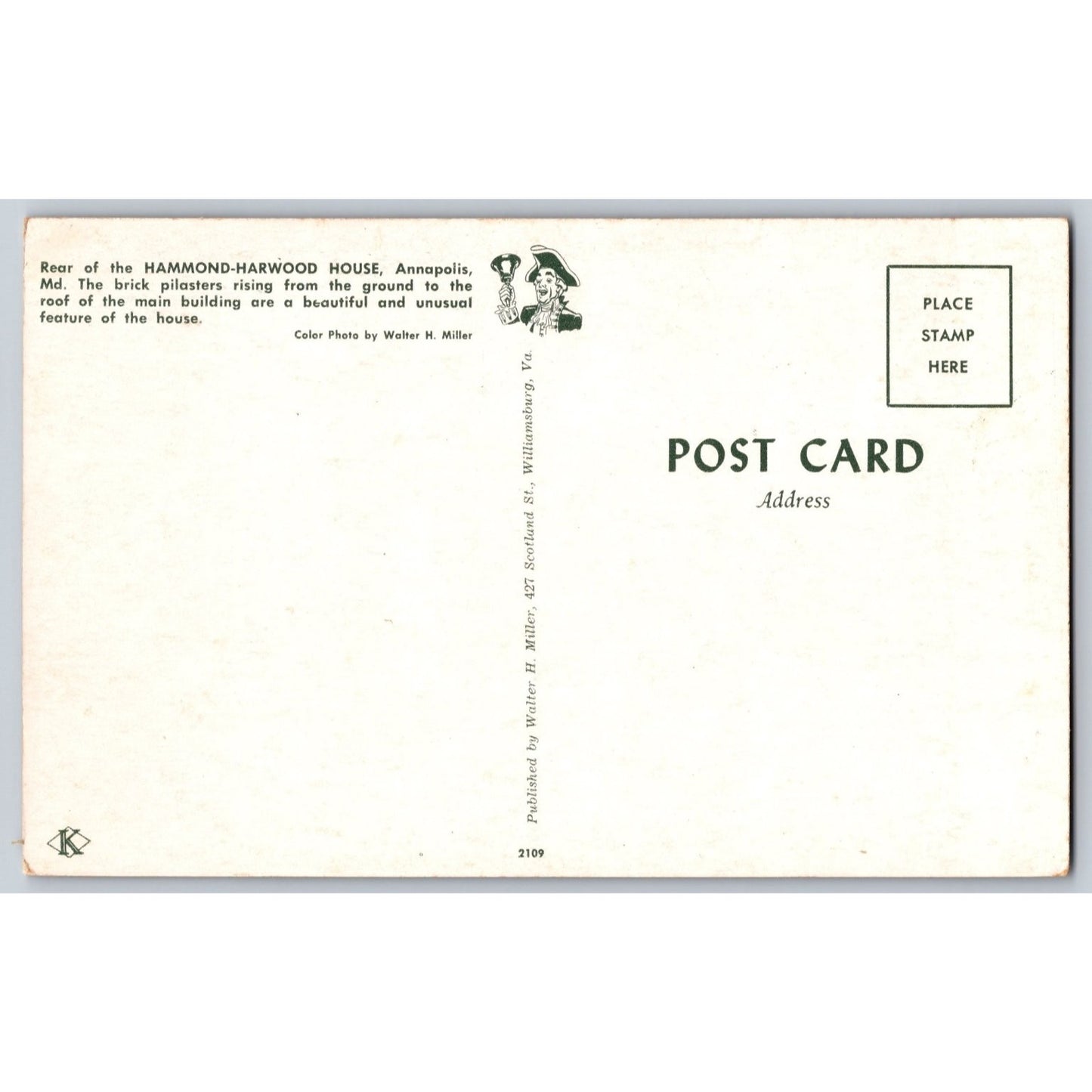 Annapolis MD Maryland Hammond Harwood House Chrome Postcard Unused Walter Miller