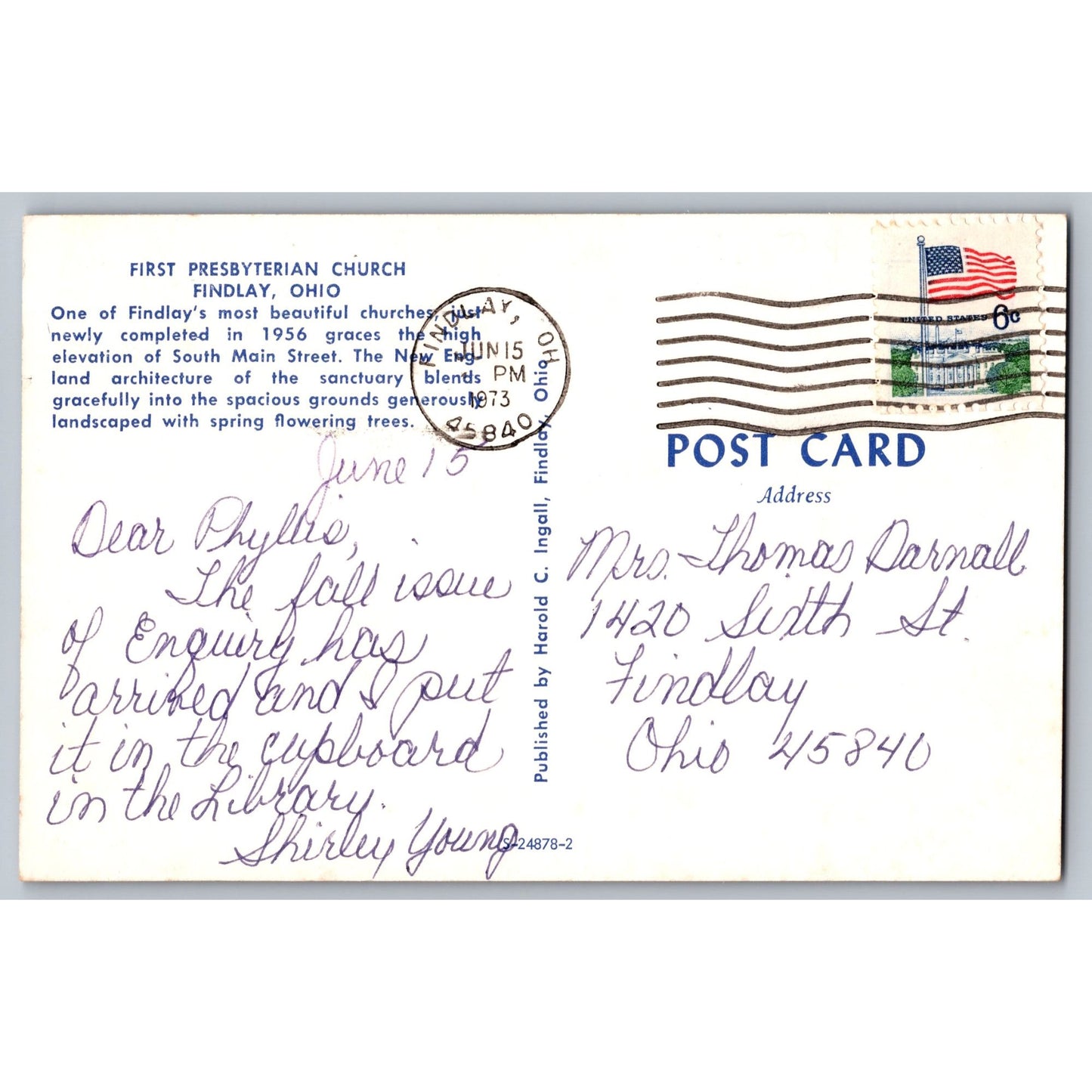 Findlay OH Ohio First Presbyterian Church 1956 Chrome Postcard Harold C Ingall