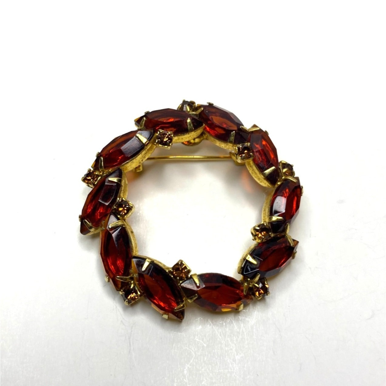 Brooch Gold-Tone Amber Orange Rhinestone Wreath Brooch Marquise Cut Stones
