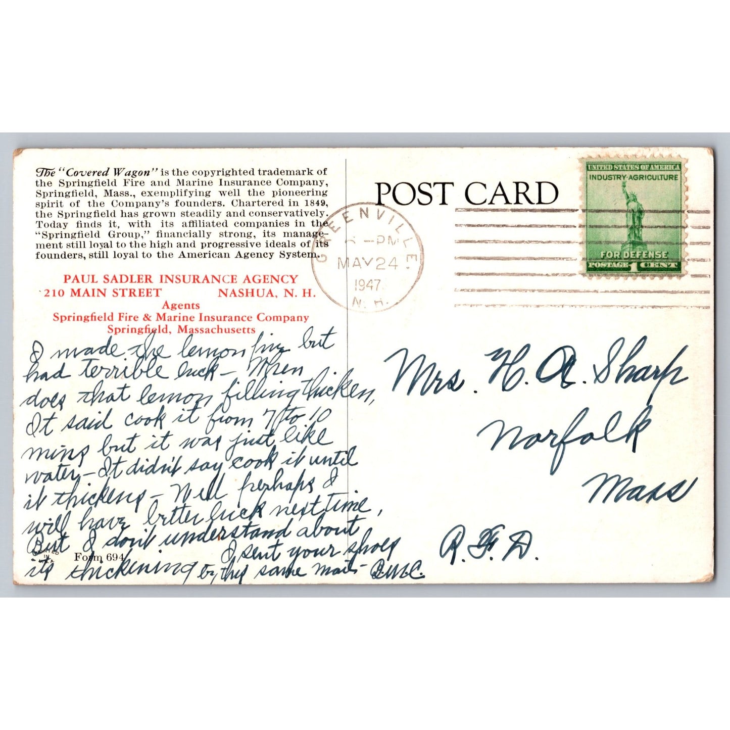 Springfield MA Massachusetts Fire & Marine Insurance Covered Wagon 1947 Postcard