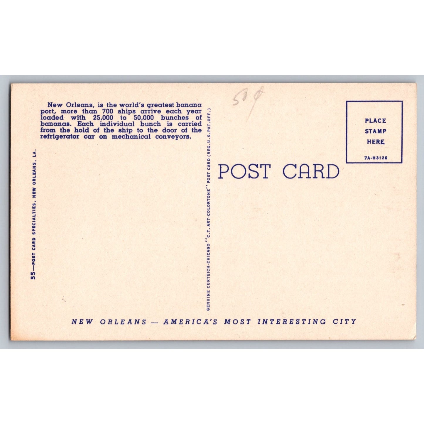 New Orleans LA Louisiana Unloading Bananas Ship from Side Linen Postcard Unused