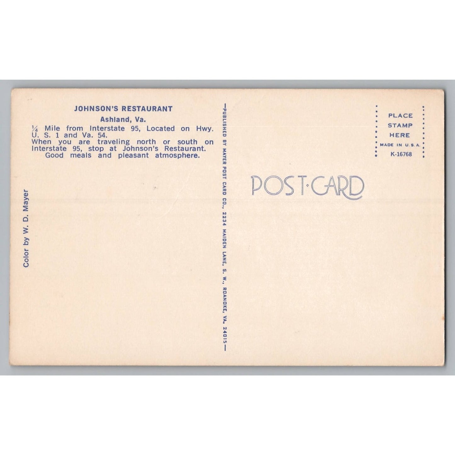 Ashland VA Virginia Johnson's Restaurant Postcard Mayer Post Card Co.