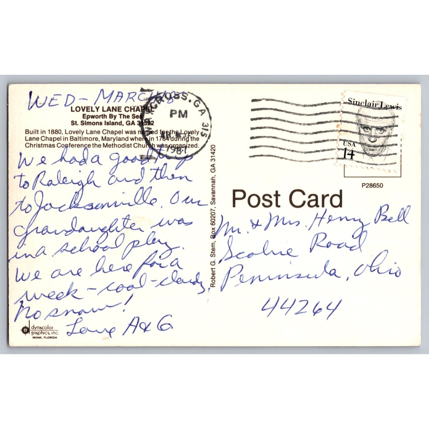 Postcard GA Georgia St Simons Island Lovely Lane Chapel 1987 Chrome Unused