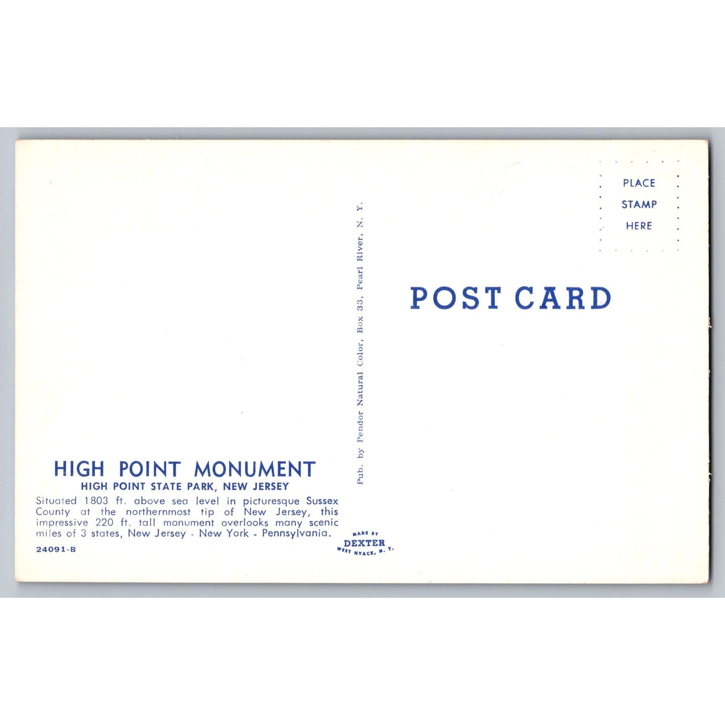 High Point State Park NJ New Jersey Monument Chrome Postcard Unused
