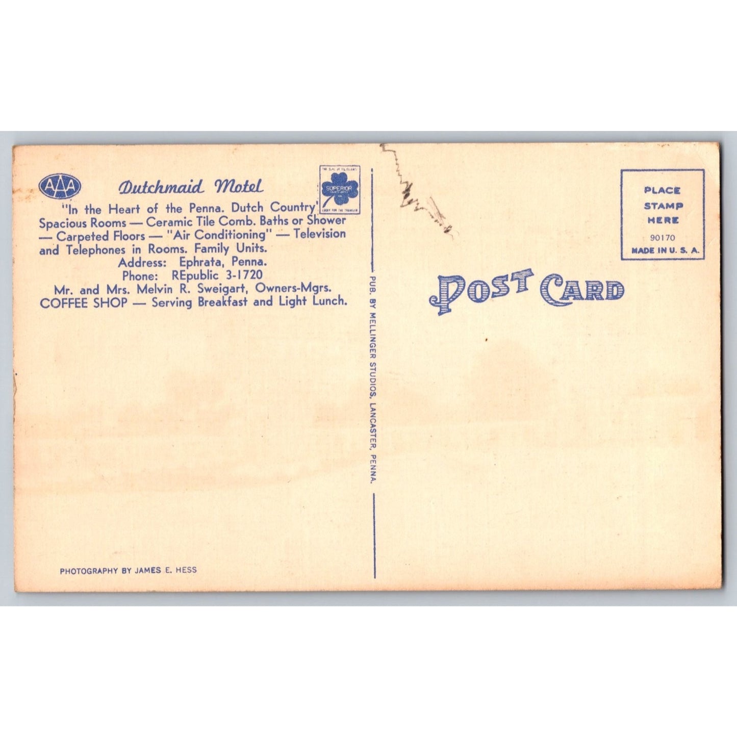Ephrata PA Pennsylvania Dutchmaid Motel Linen Postcard AAA Superior Seal