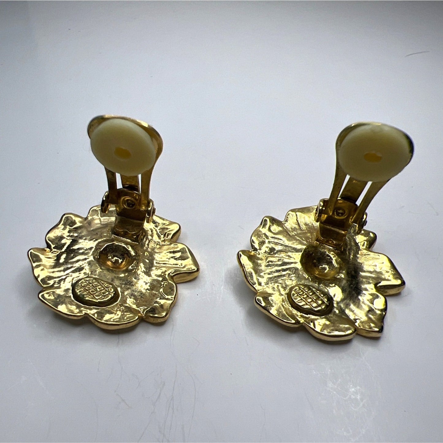 Floral Gold-Tone Clip-On Earrings With White Enamel Petals Dogwood Flowers