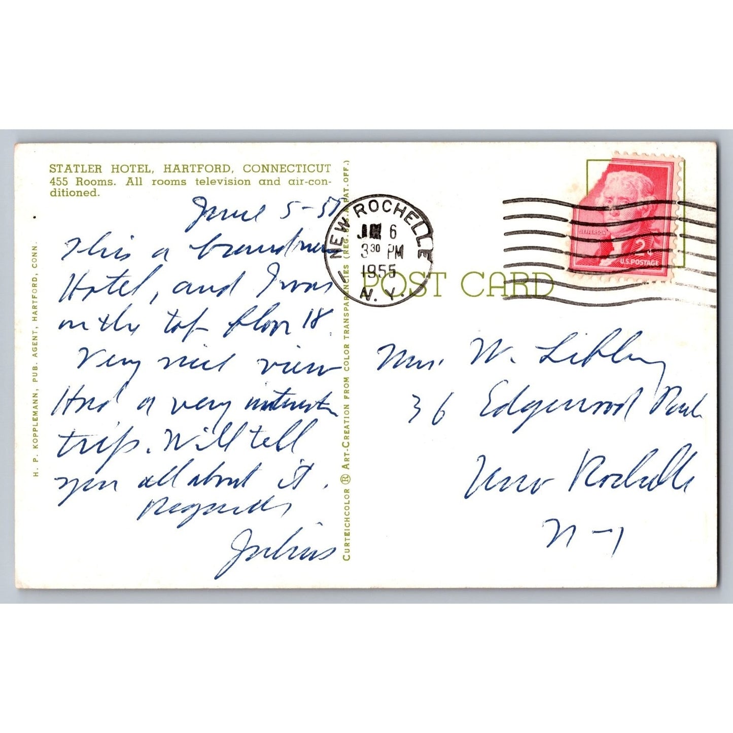 Hartford CT Connecticut Statler Hotel with Fountain 1955 Chrome Postcard Used