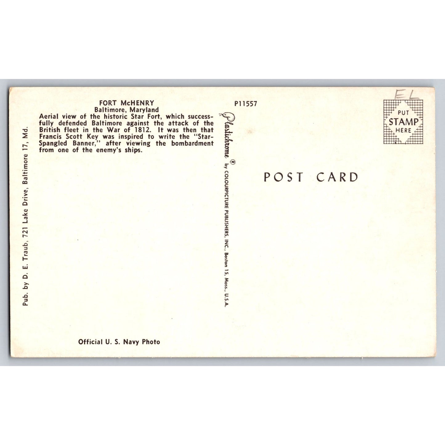 Baltimore MD Maryland Fort McHenry Chrome Postcard Unused