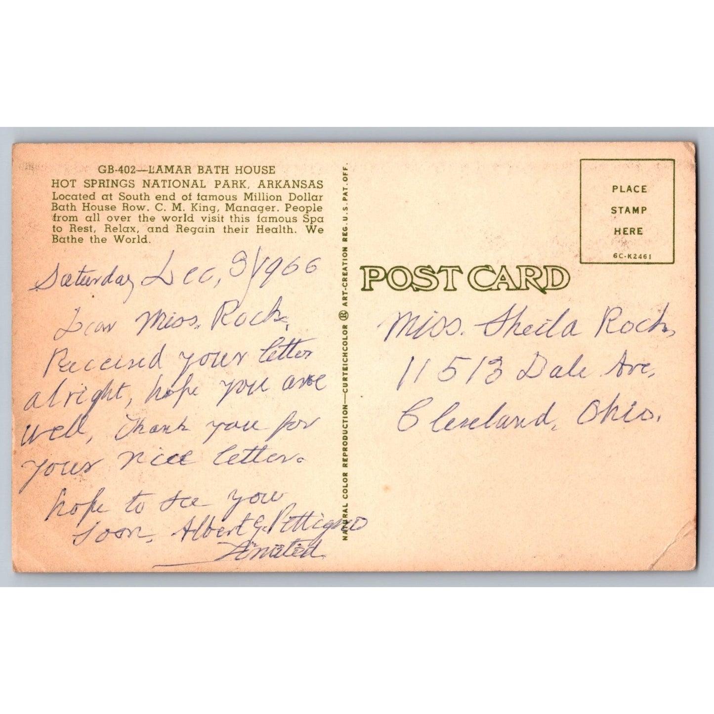 Postcard AR Arkansas Hot Springs National Park Lamar Bath House Row