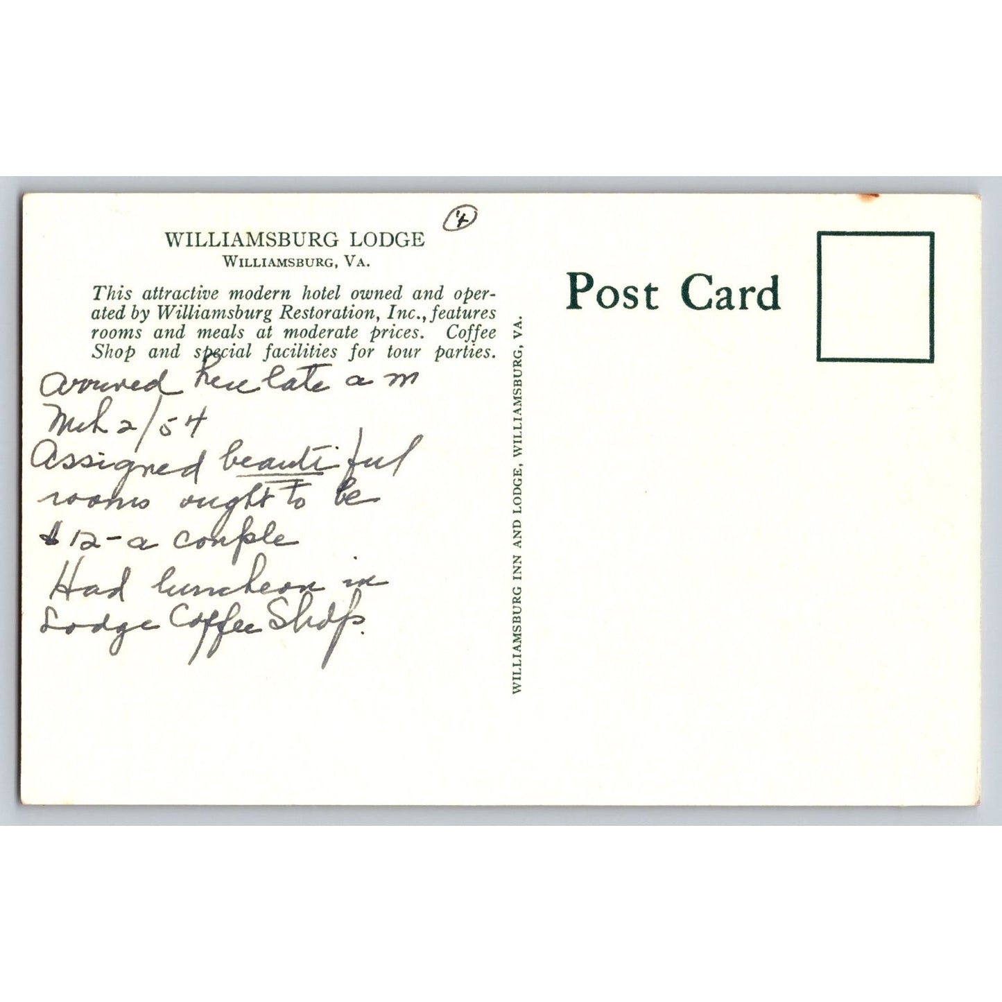 Williamsburg VA Virginia Williamsburg Lodge Hotel Postcard