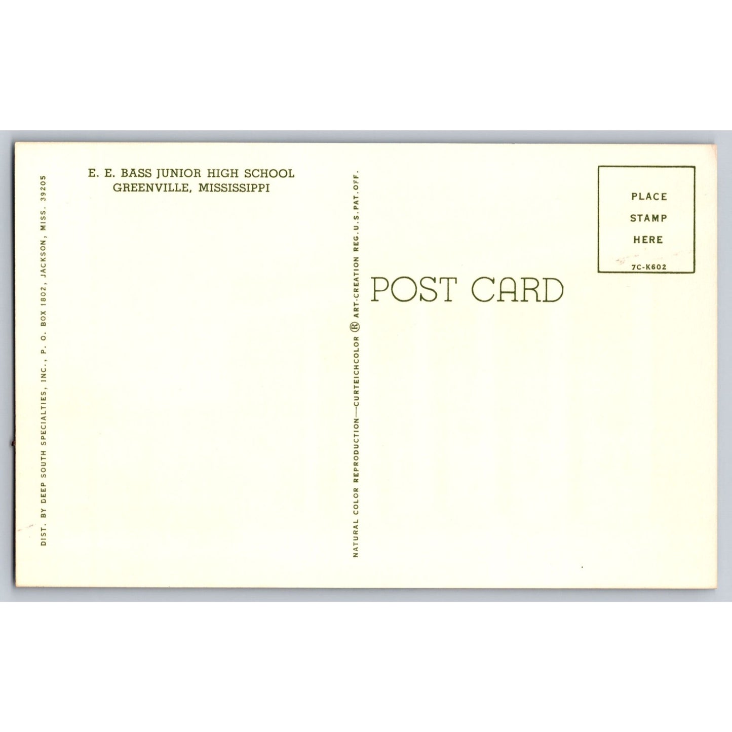 Greenville MS Mississippi E.E. Bass Junior High School Chrome Postcard Unused