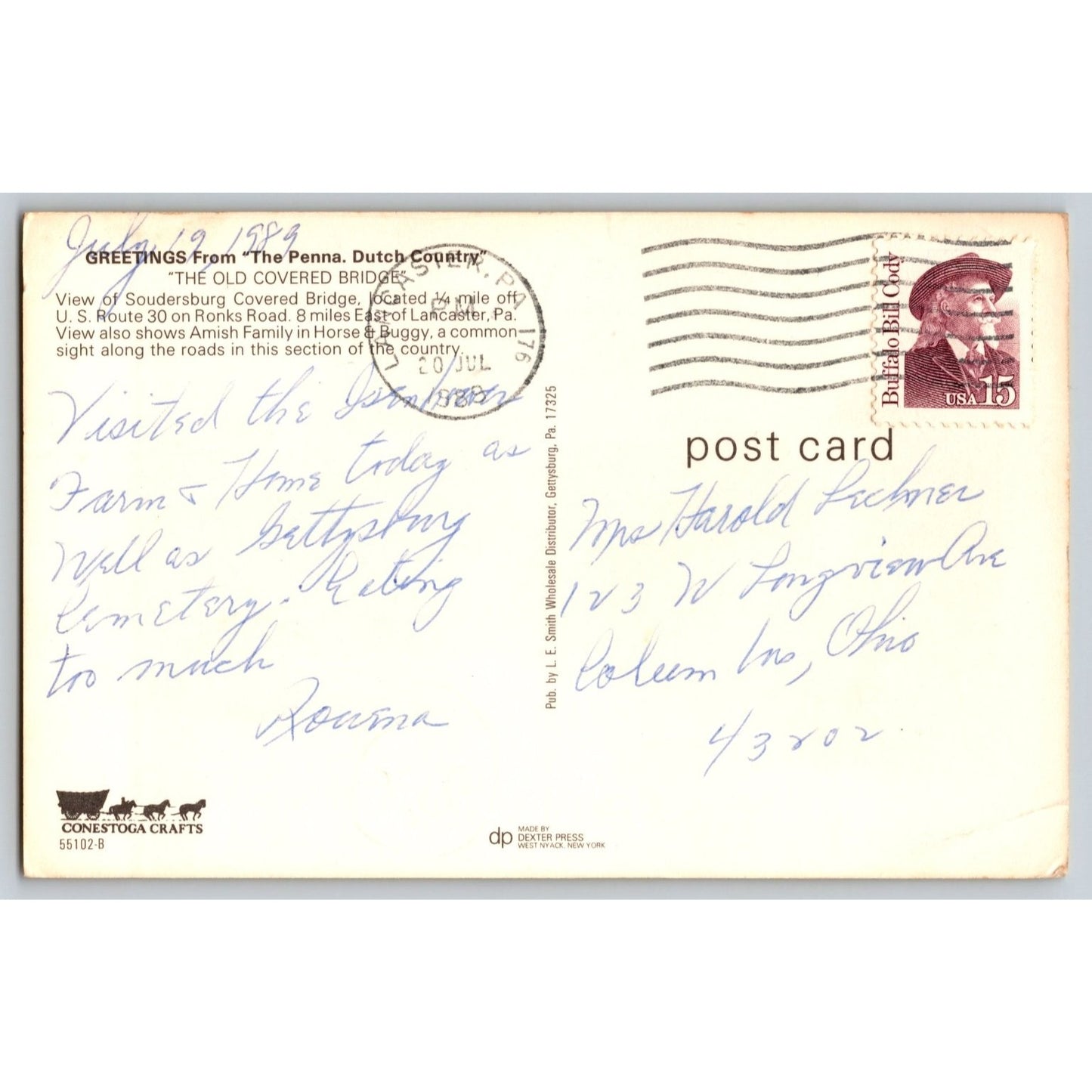 Soudersburg PA Pennsylvania Covered Bridge Amish Horse Buggy Chrome Postcard