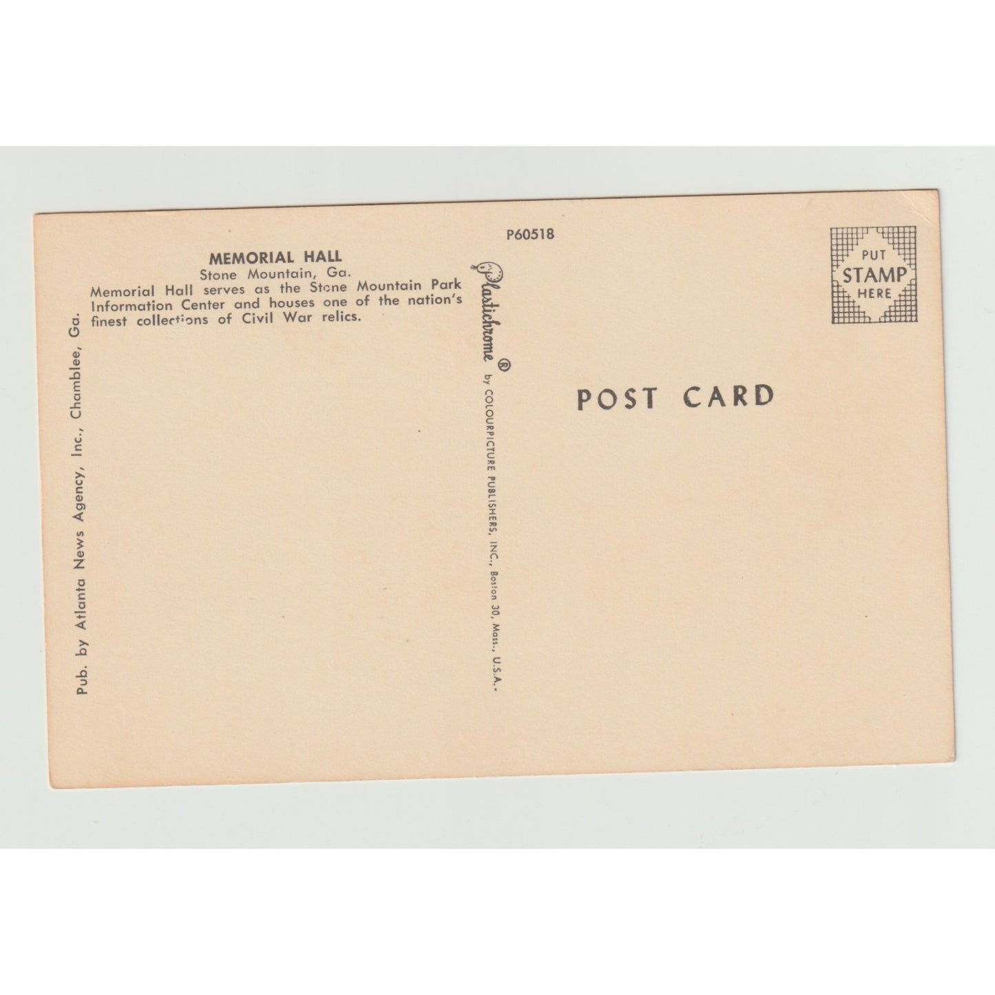 Postcard GA Georgia Stone Mountain Memorial Hall Chrome Unused