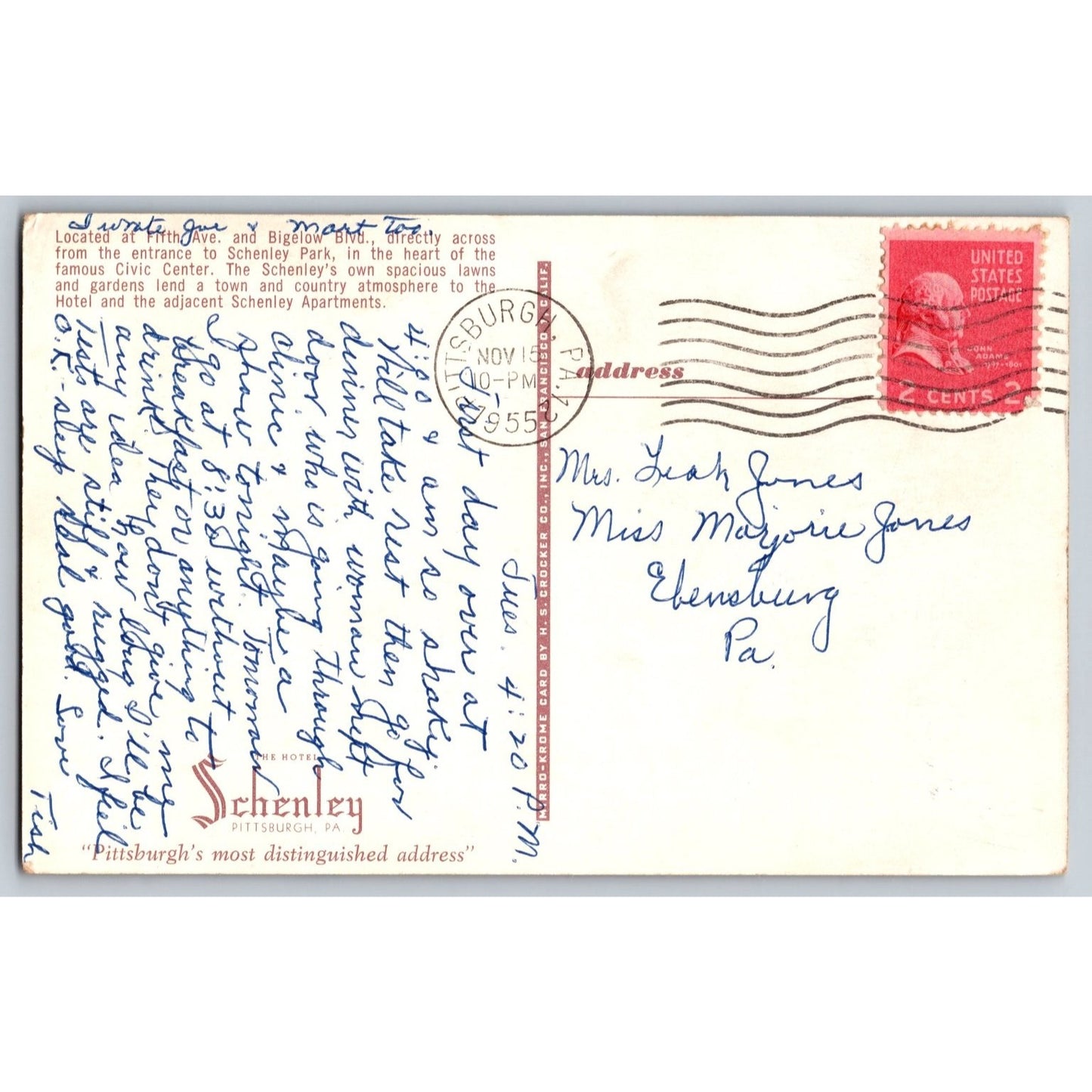 Pittsburgh PA Pennsylvania Schenley Hotel 1955 Chrome Postcard Used