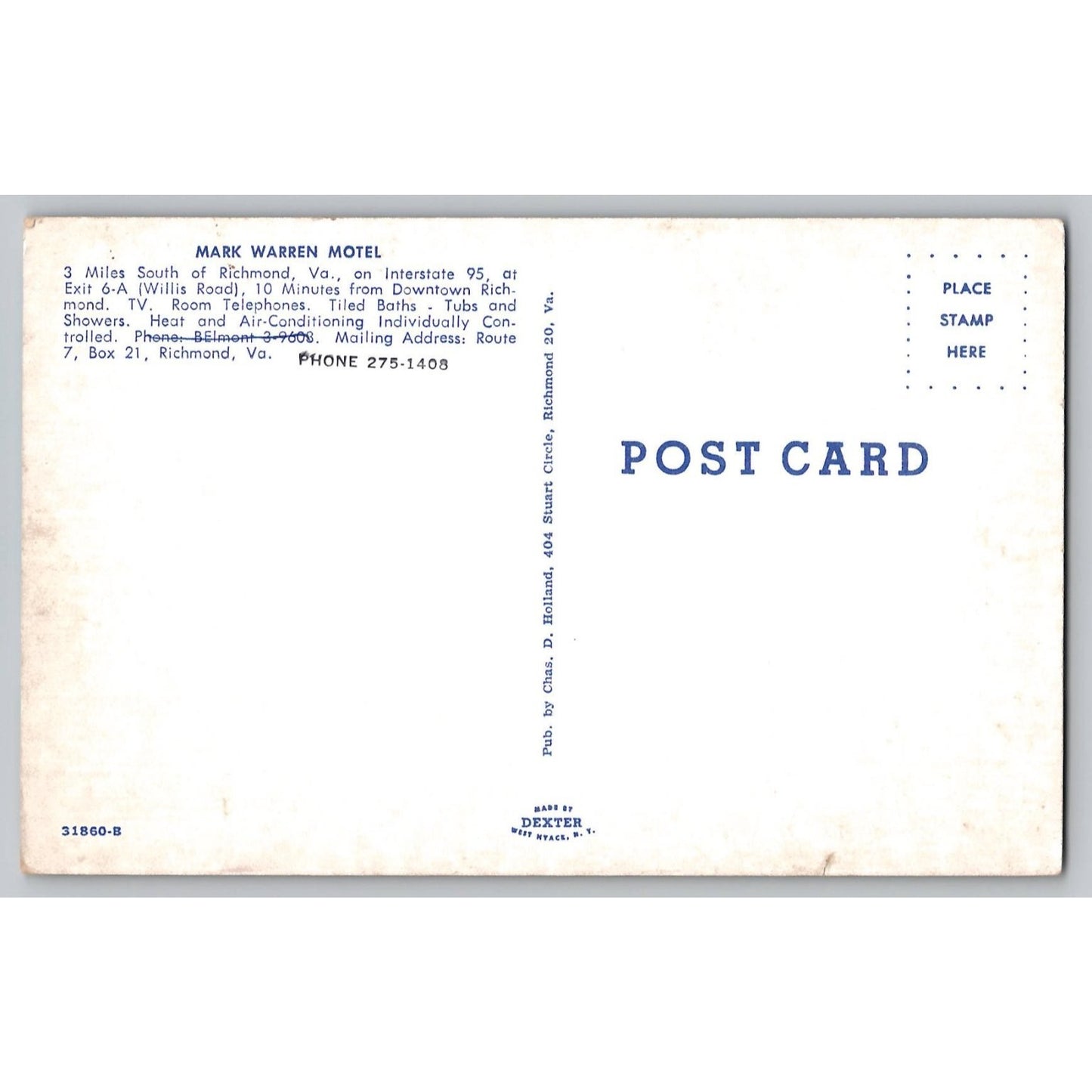 Richmond VA Virginia Mark Warren Motel Postcard Dexter Chrome Postcard Unused