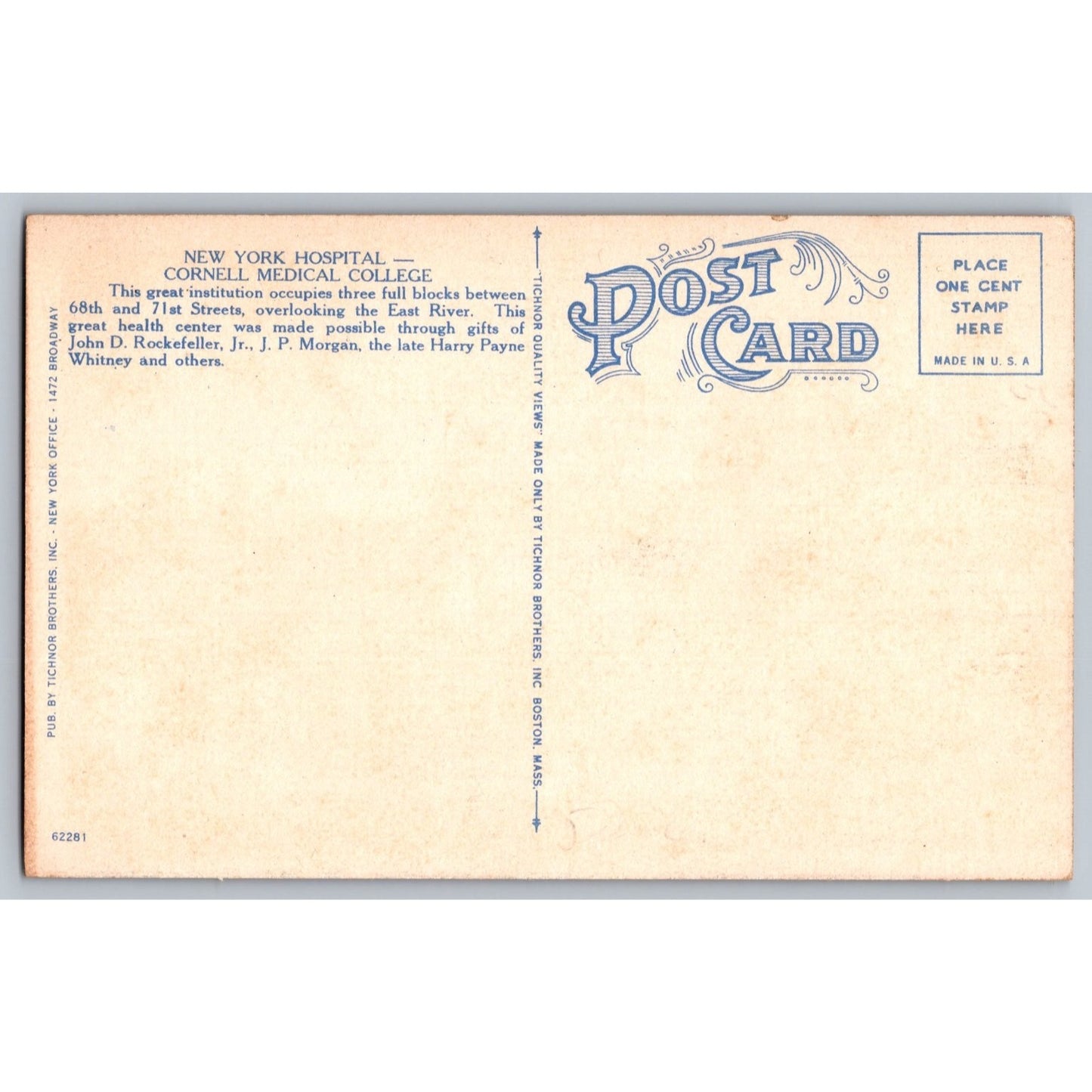 New York City NY Hospital Cornell Medical College Linen Postcard Unused