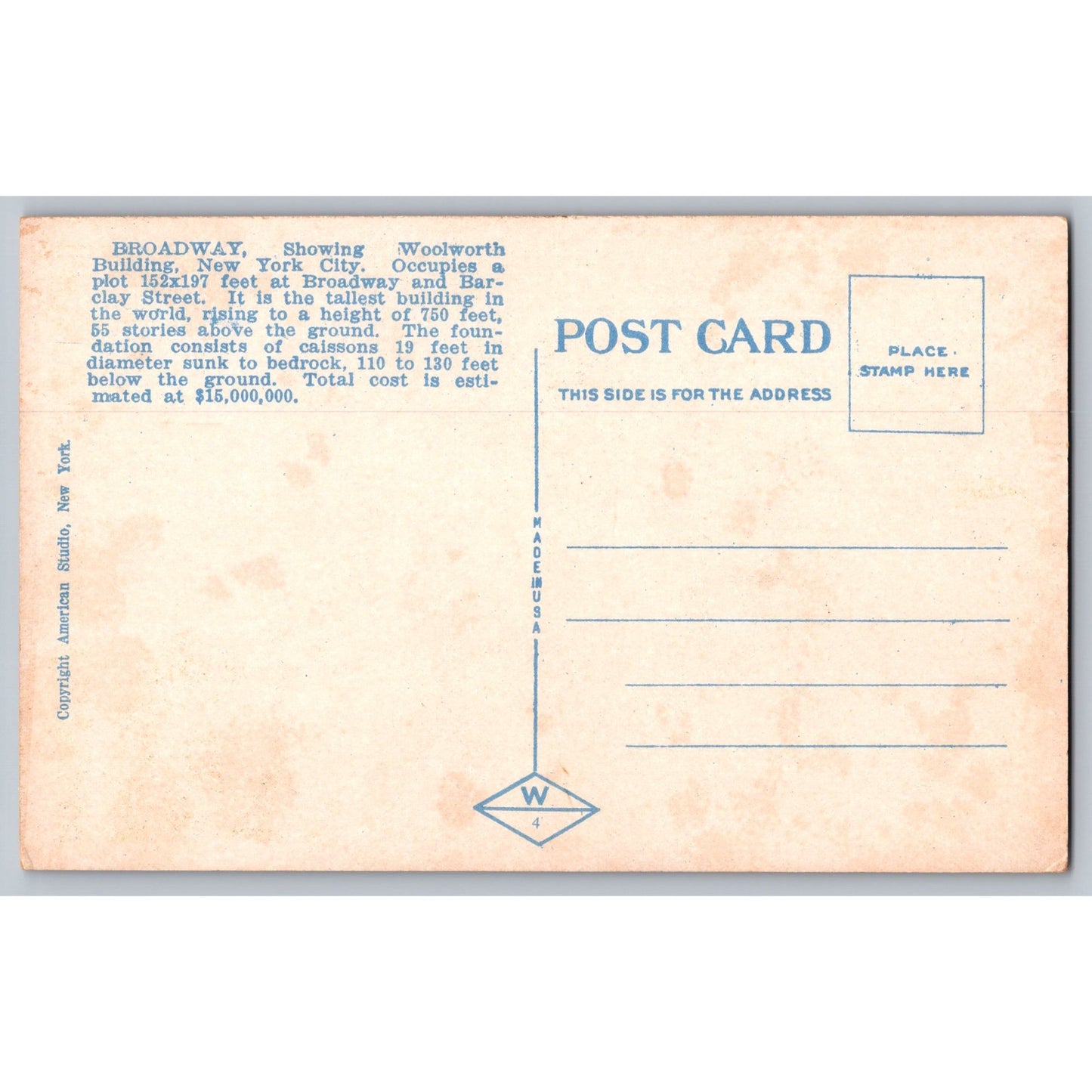 New York City NY Broadway Woolworth Building 1920s White Border Postcard Unused