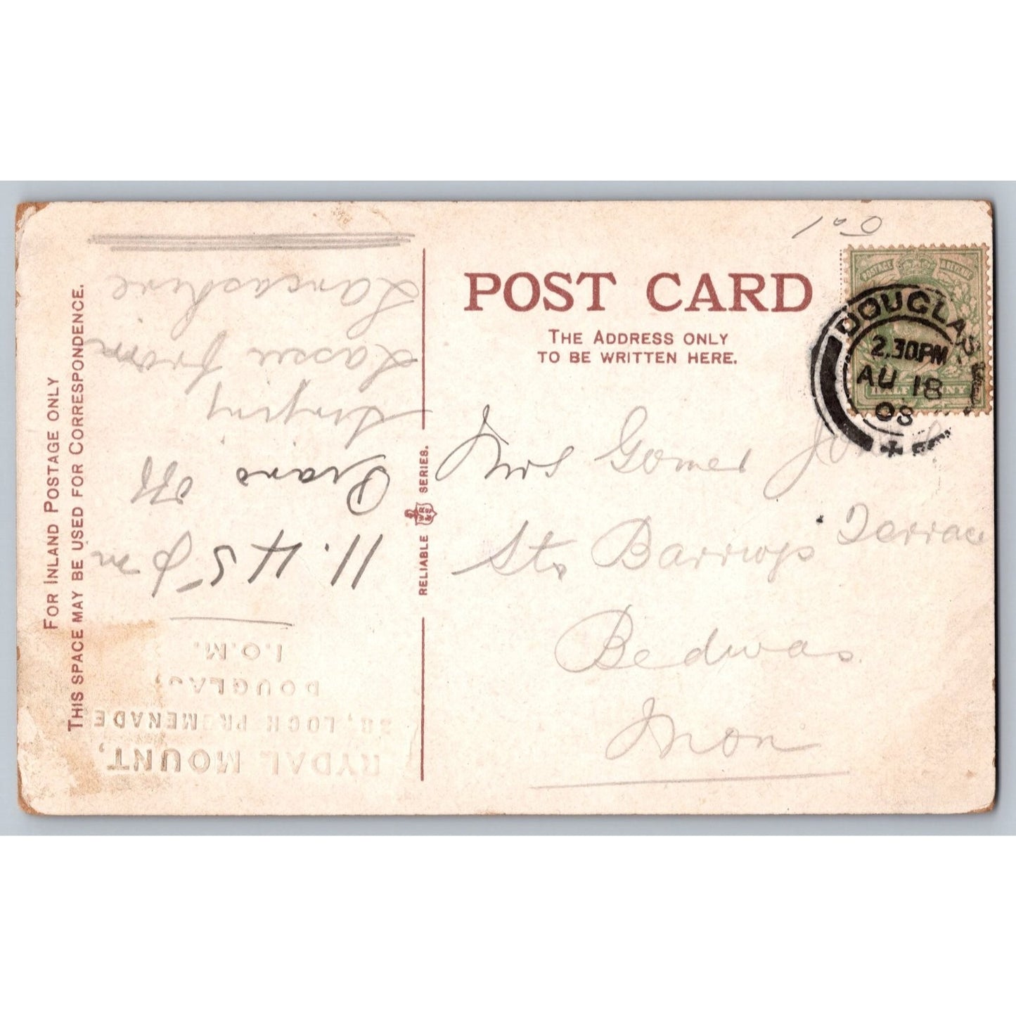 Douglas Isle of Man Harris Promenade 1908 Divided Back Postcard Used