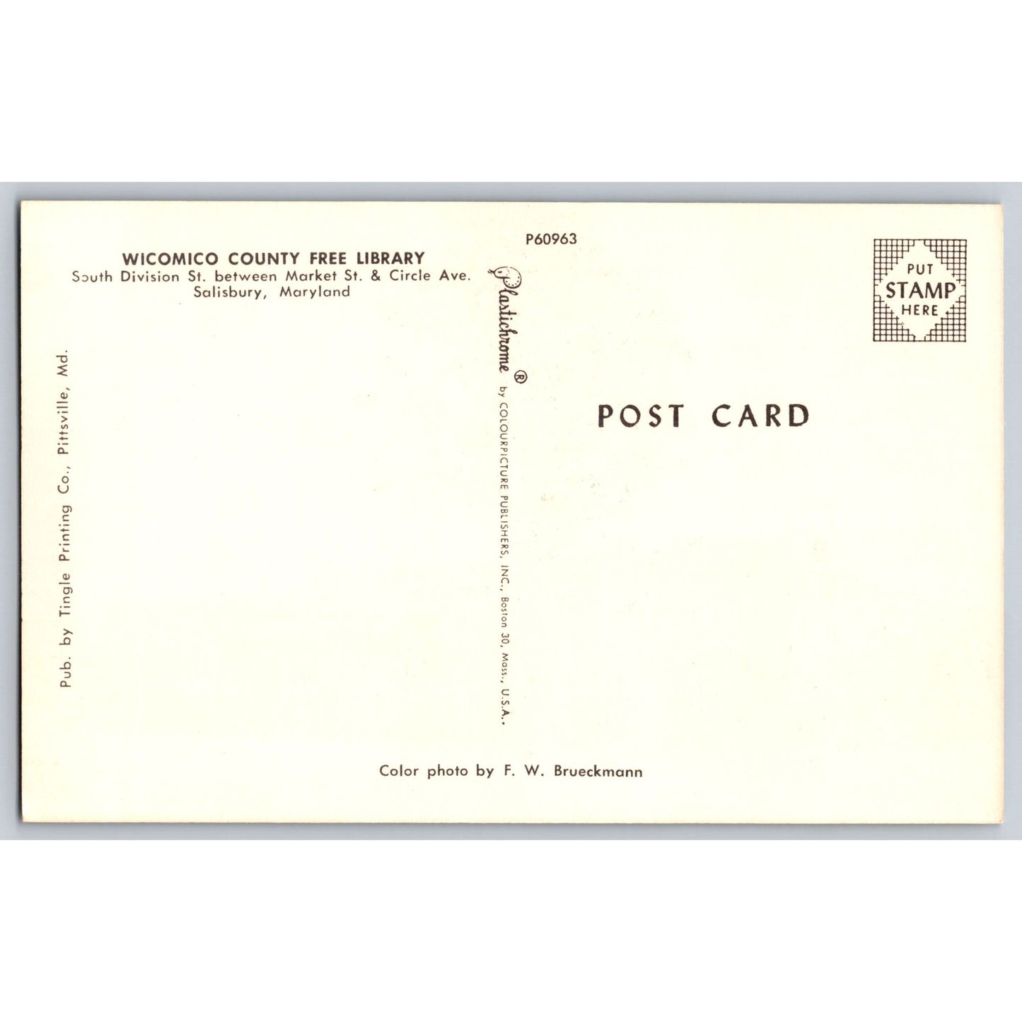 Salisbury MD Maryland Wicomico County Free Library Postcard Brueckmann Unused