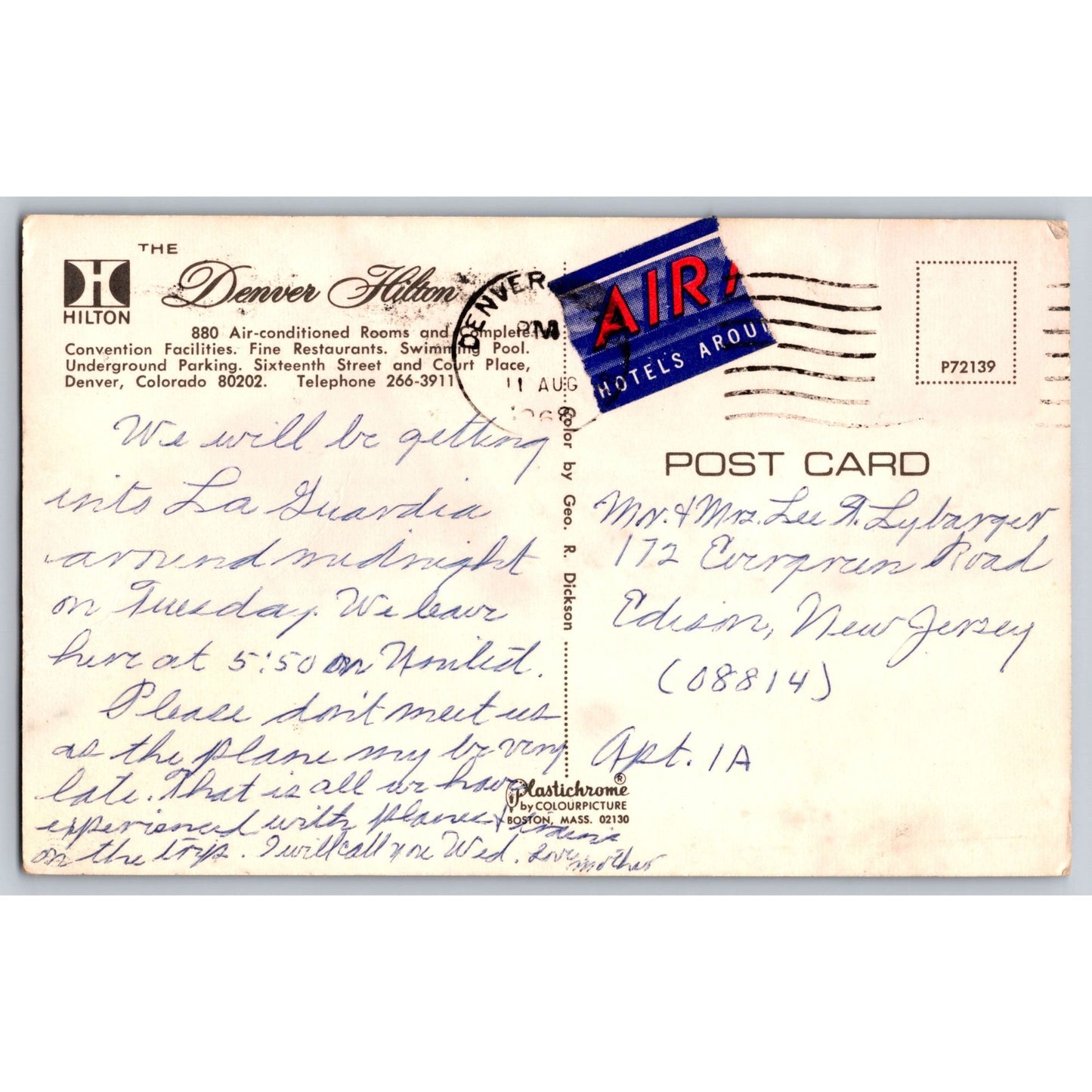 Denver CO Colorado Hilton Hotel Chrome Postcard 1950s Used Curt Teich