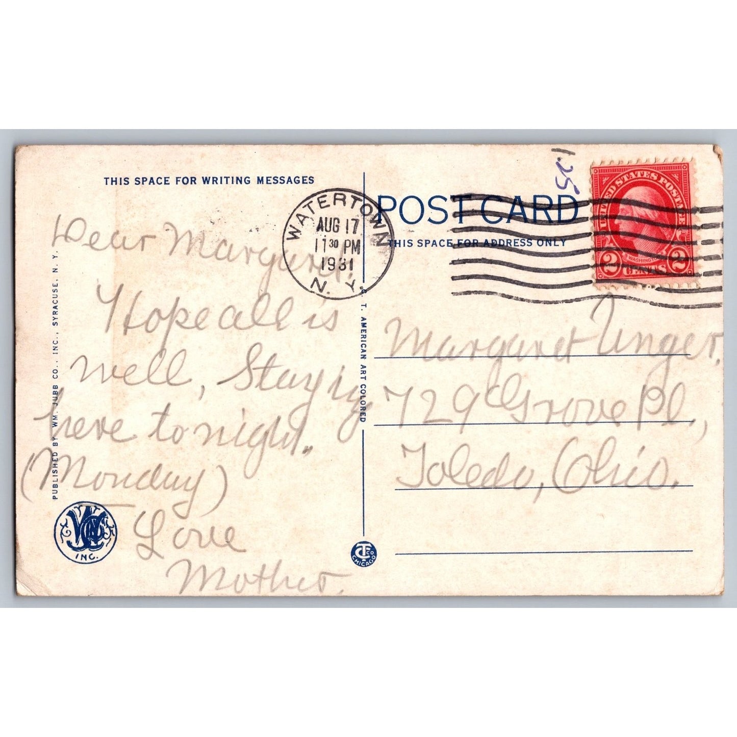 Watertown NY New York Public Square 1931 White Border Postcard Used