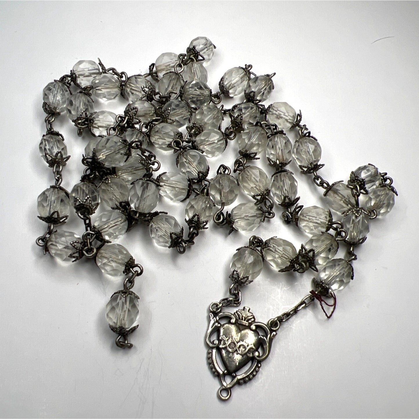 Sterling Silver Rosary Necklace Faceted Crystal Clear Glass Beads Ornate Heart