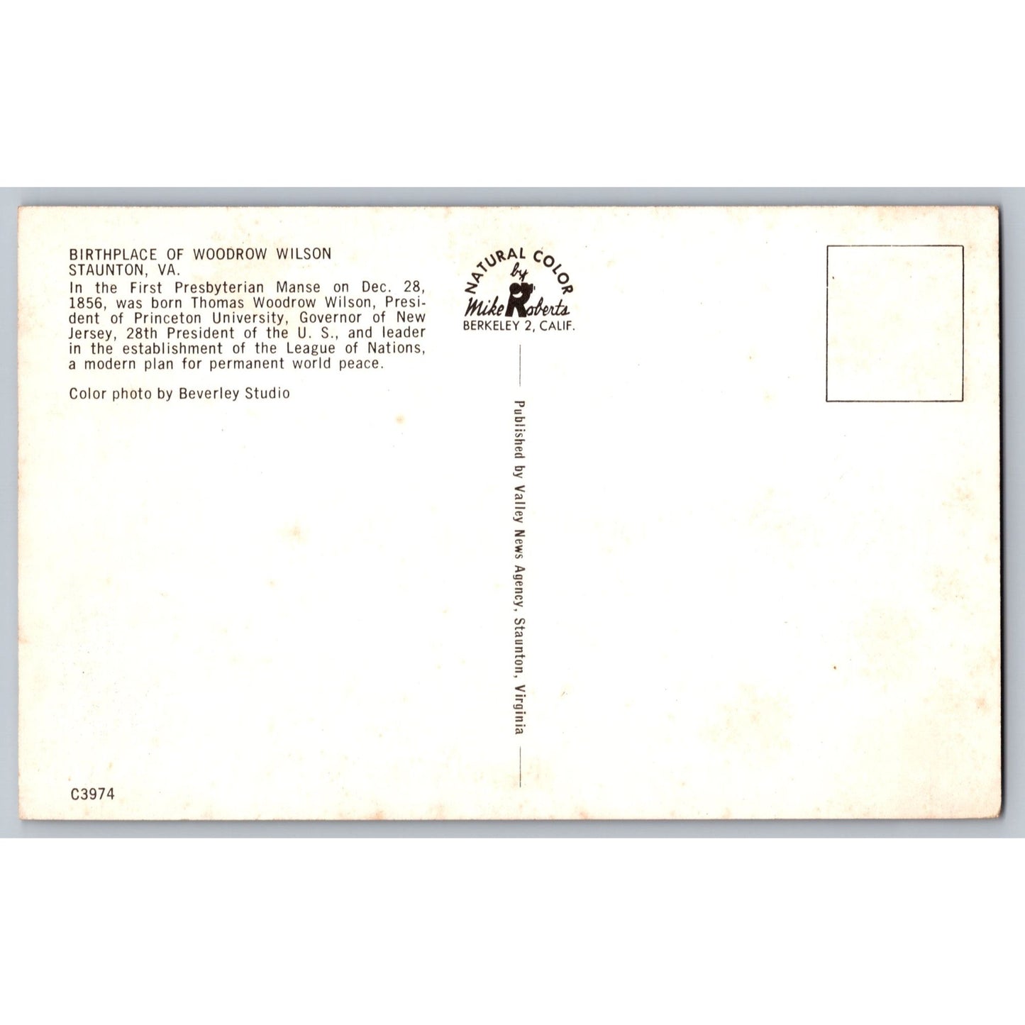 Staunton VA Virginia Birthplace Woodrow Wilson Chrome Postcard Vailes News Agency