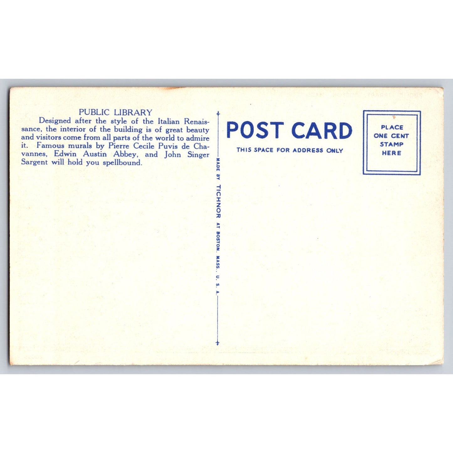 Boston MA Massachusetts Public Library White Border Postcard Tichnor Bros Unused