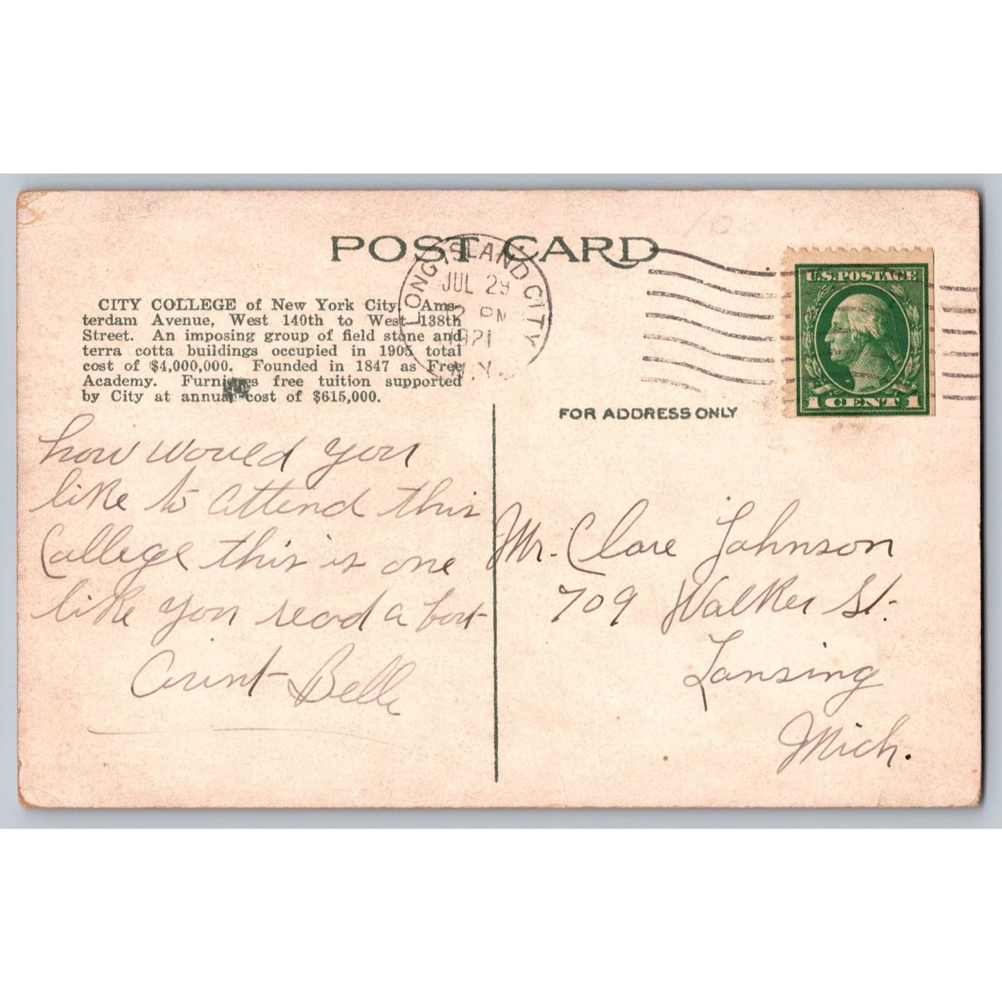 New York City NY College of the City of New York 1921 White Border Postcard Flag