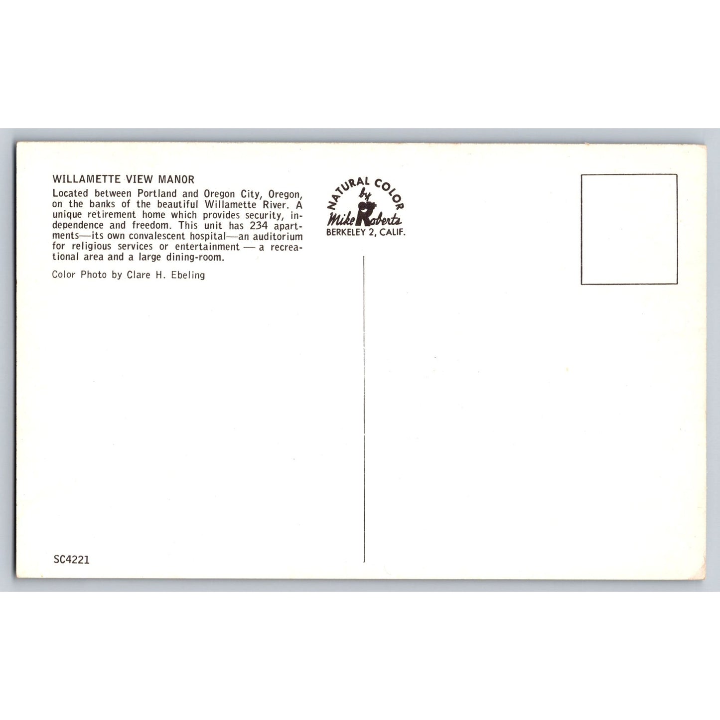 Portland OR Oregon Willamette View Manor Chrome Postcard Unused