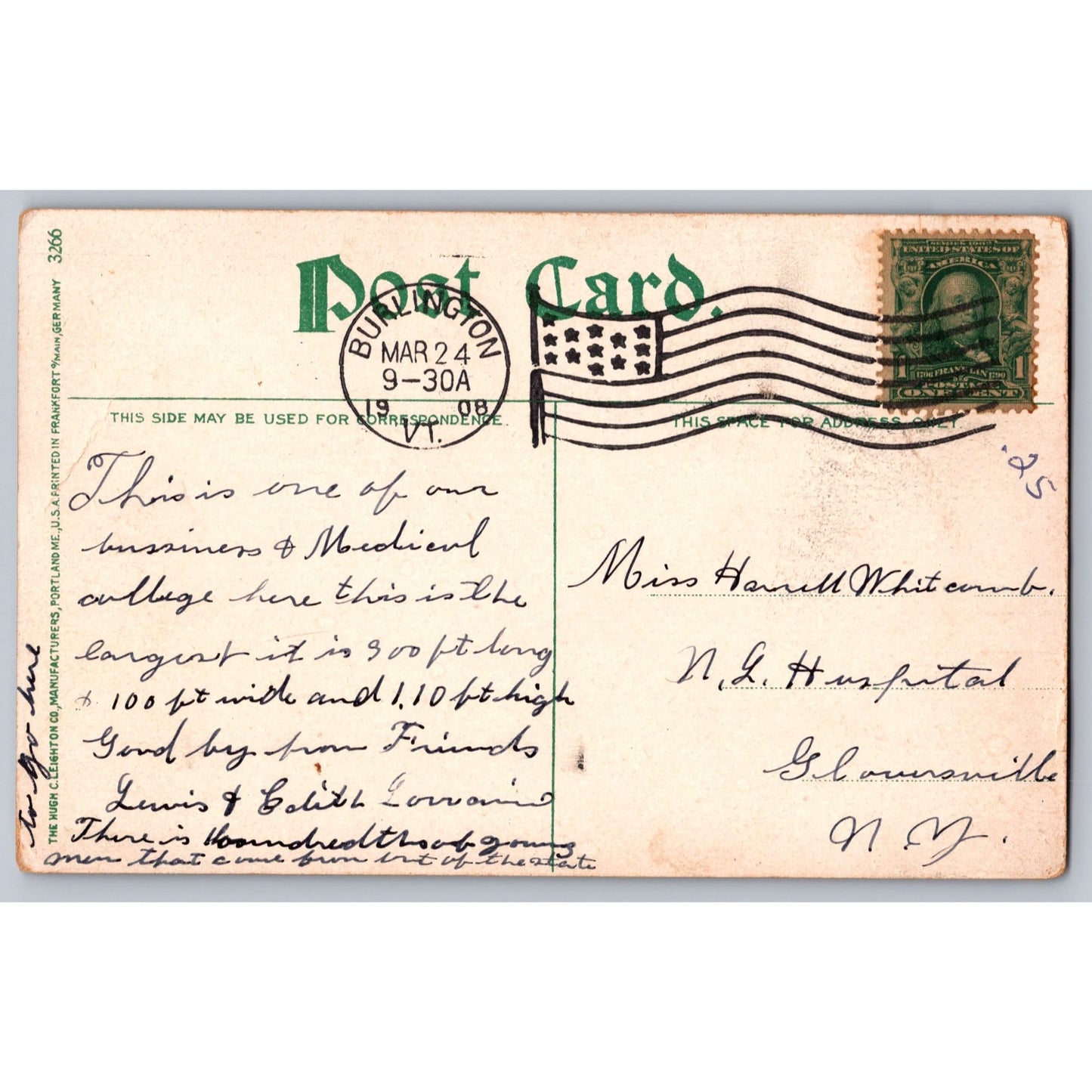 Postcard VT Vermont Williams Hall Main Building University Of VT Burlington 1908