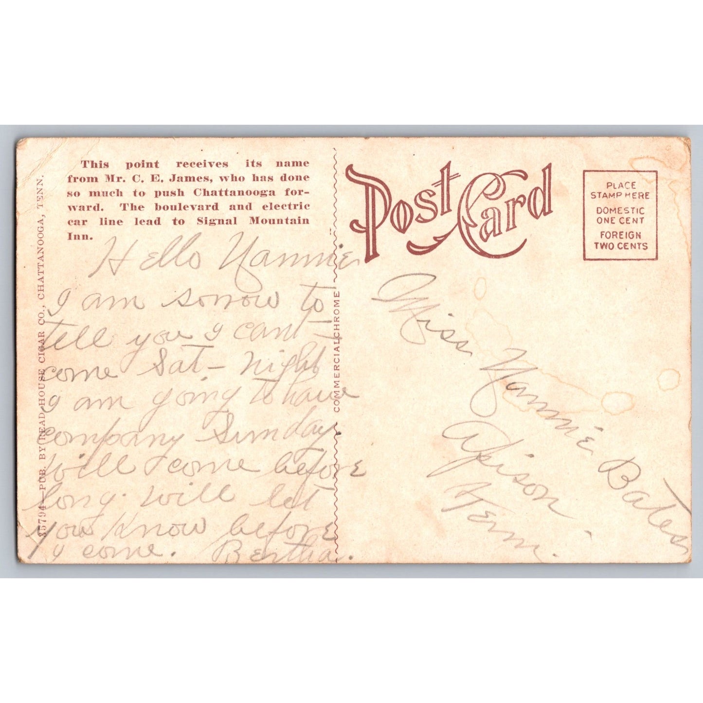 Chattanooga TN Tennessee Signal Mountain James Point Divided Back Postcard Used