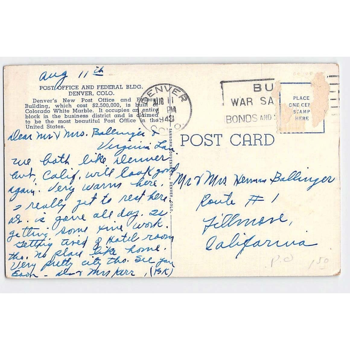 Denver CO Colorado Post Office Federal Building White Border Postcard Used