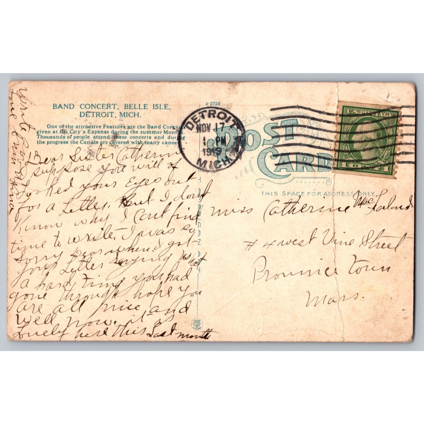 Detroit Belle Isle MI Michigan Band Concert 1915 White Border Postcard Used