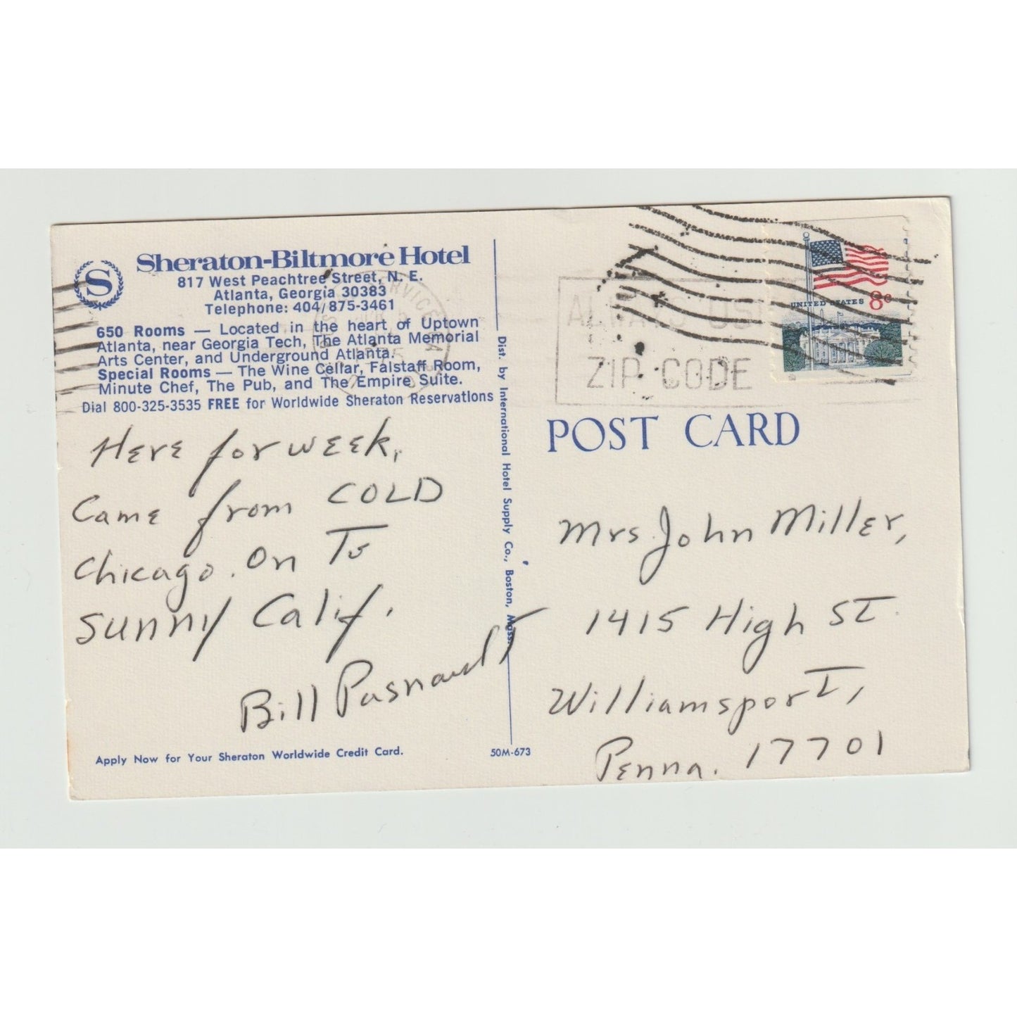 Postcard GA Georgia Atlanta Sheraton Biltmore Hotel Peachtree Street Chrome Used