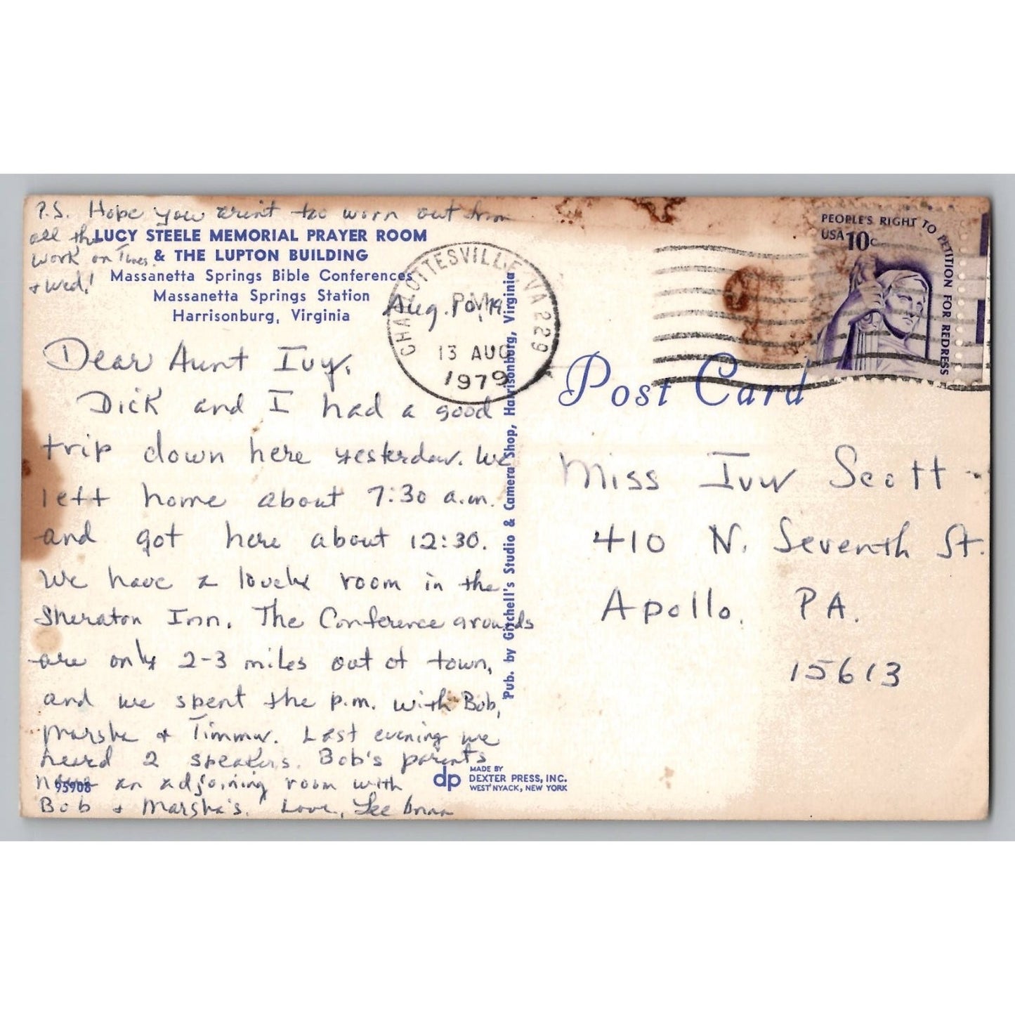 Harrisonburg VA Virginia Lucy Steele Memorial Prayer Room Lupton 1979 Postcard