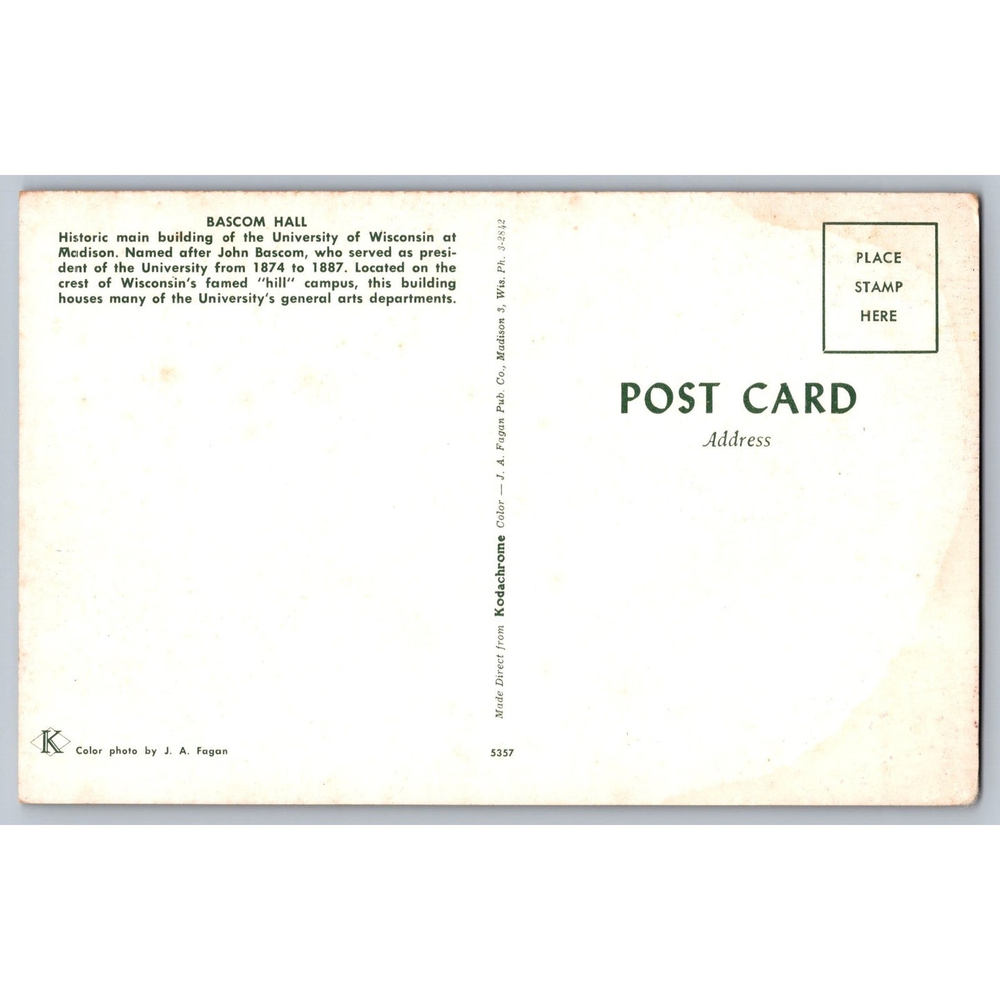 Madison WI Wisconsin University of Wisconsin Bascom Hall Chrome Postcard Unused