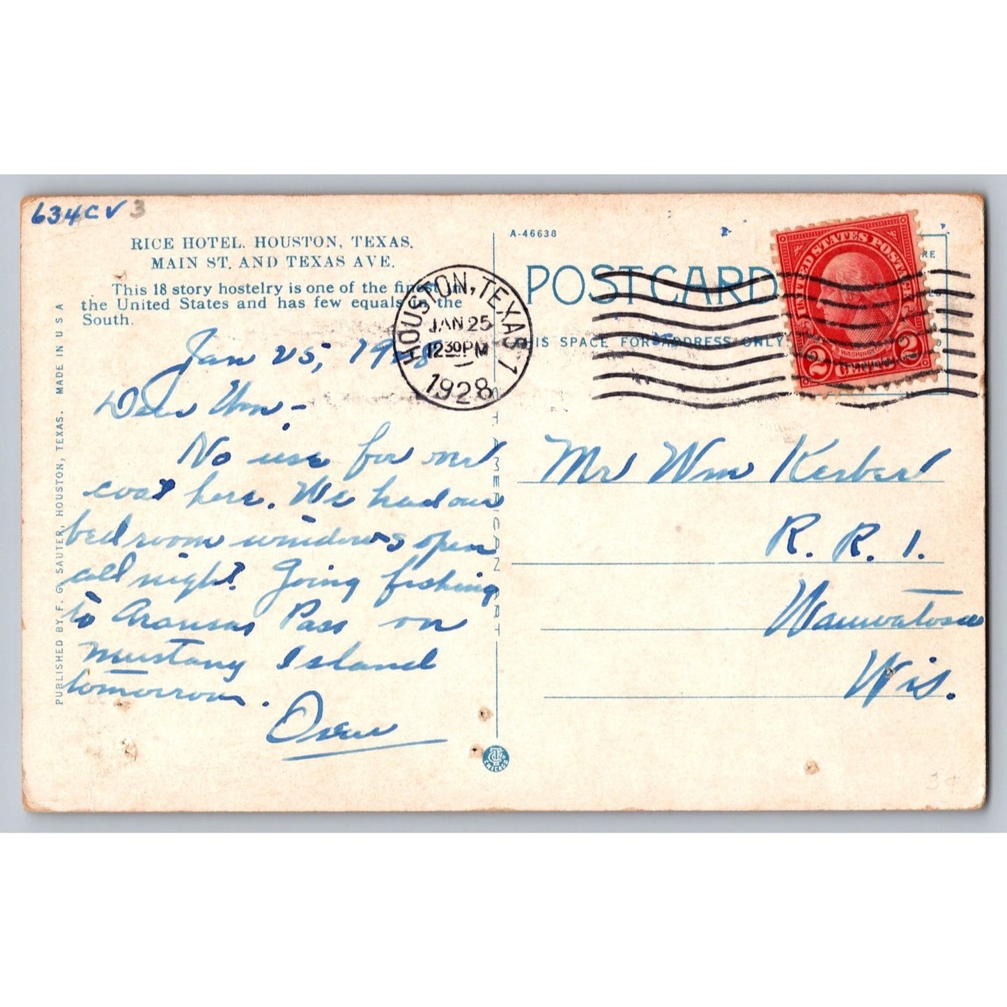 Houston TX Texas Rice Hotel 1928 White Border Postcard Used Historic Landmark