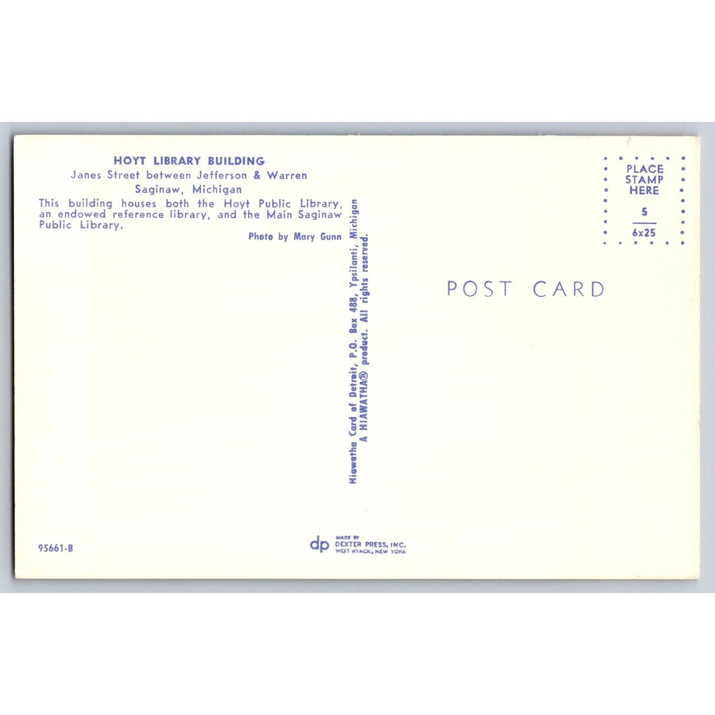 Saginaw MI Michigan Hoyt Library Building Chrome Postcard Unused Dexter Press