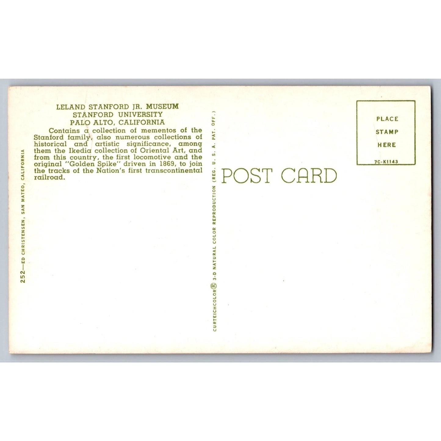 Palo Alto CA California Stanford University Leland Stanford Jr. Museum Postcard