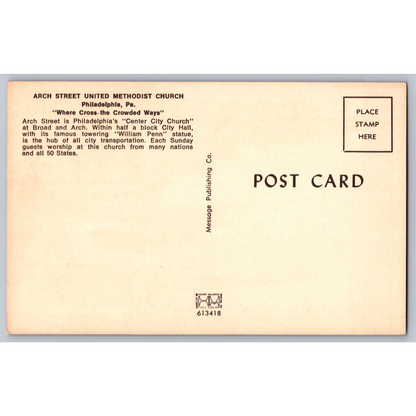 Philadelphia PA Pennsylvania Arch Street United Methodist Church Chrome Postcard