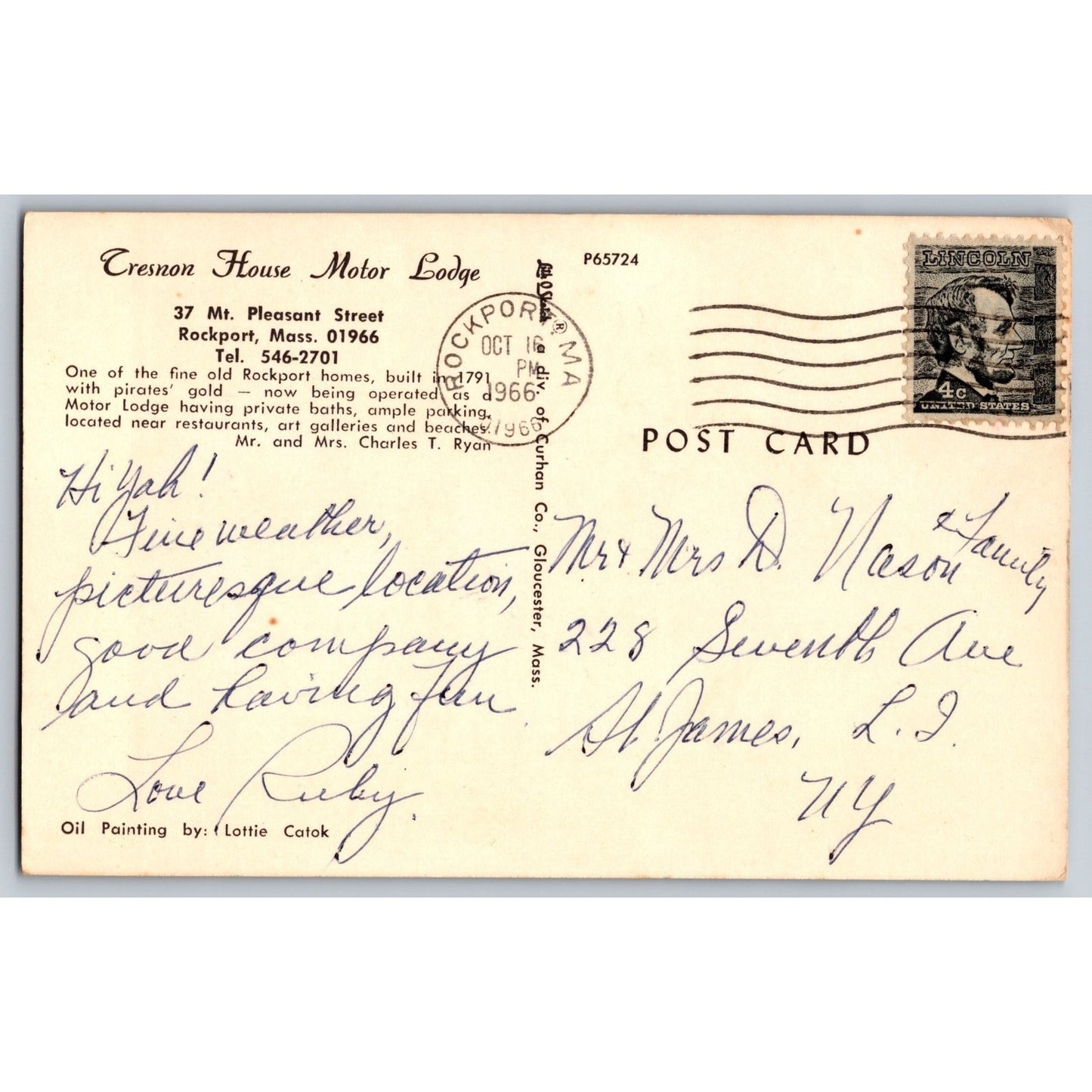 Rockport MA Massachusetts Cresnon House Motor Lodge Illustrated Postcard Used